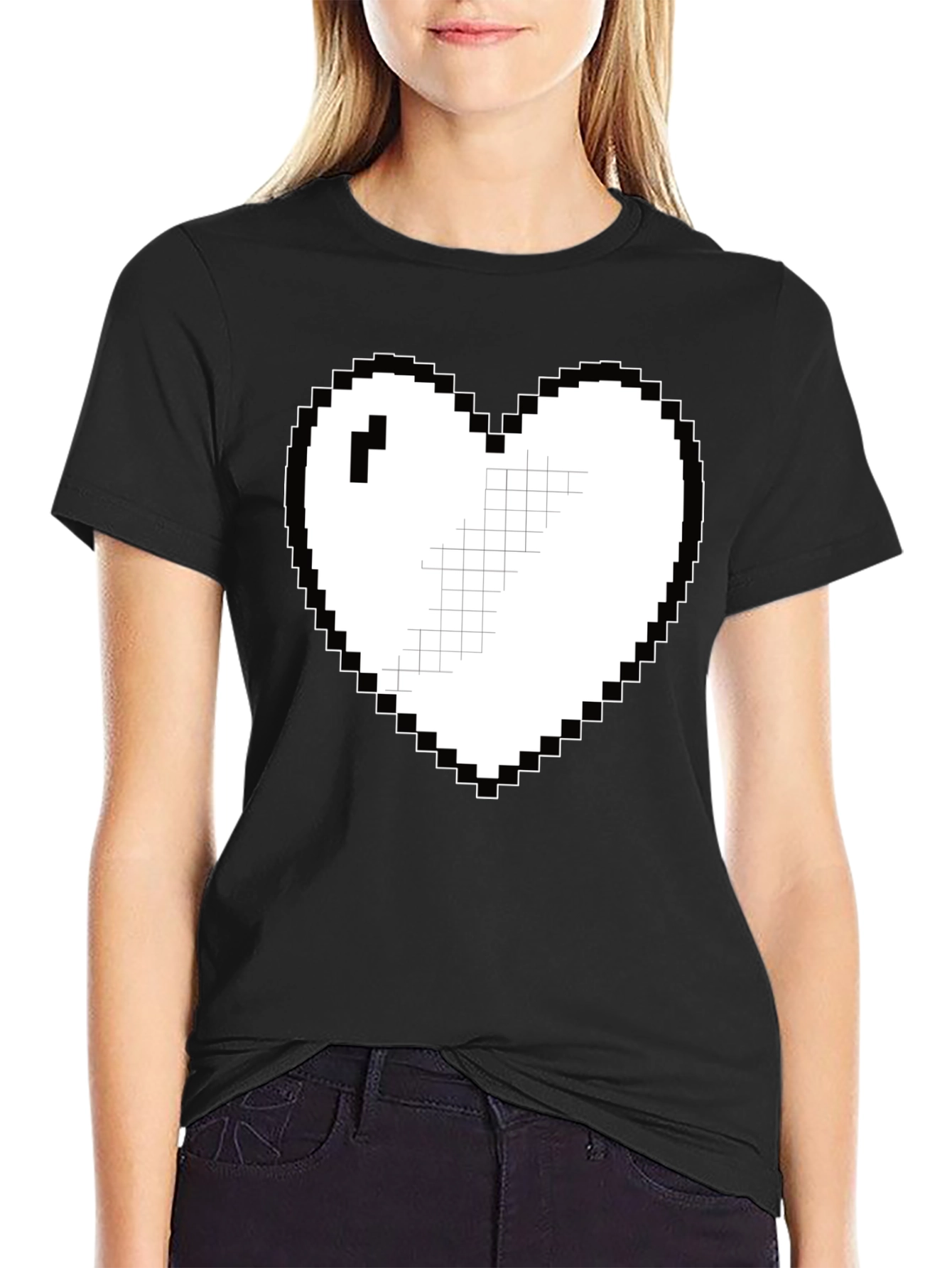 Black Pixel Heart Graphic Tee - Casual Black T-Shirt view 2