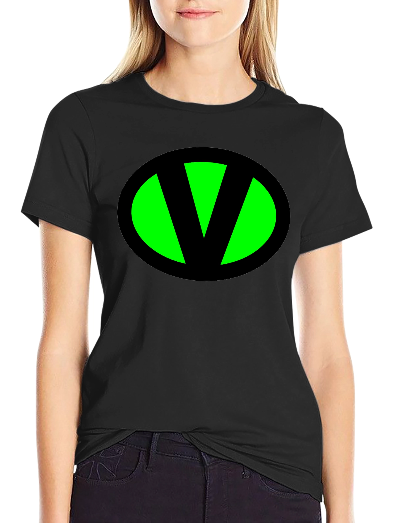 Black Black T-Shirt with Green "V" Oval view 2
