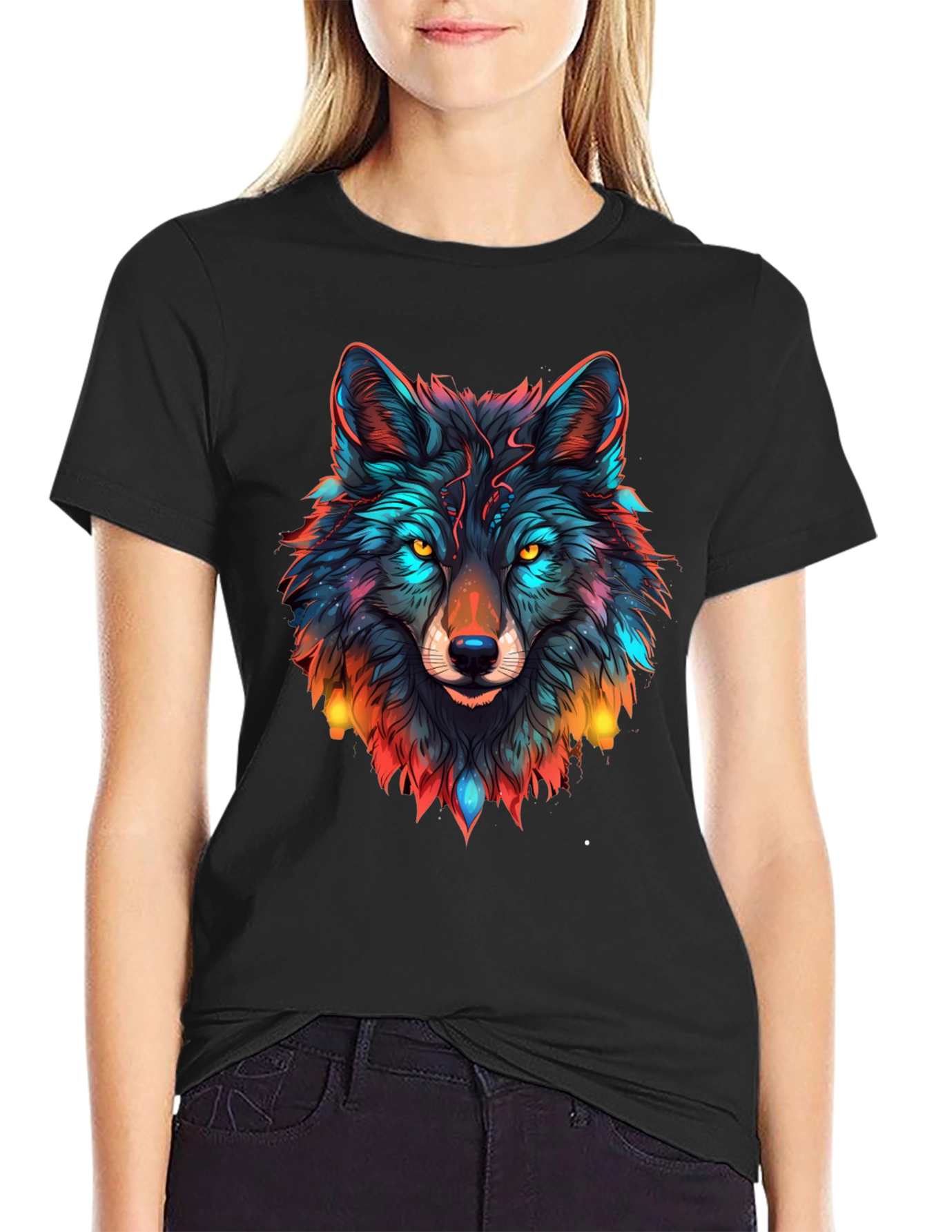 Black Wolf Graphic Black T-Shirt - Vibrant Animal Design view 2