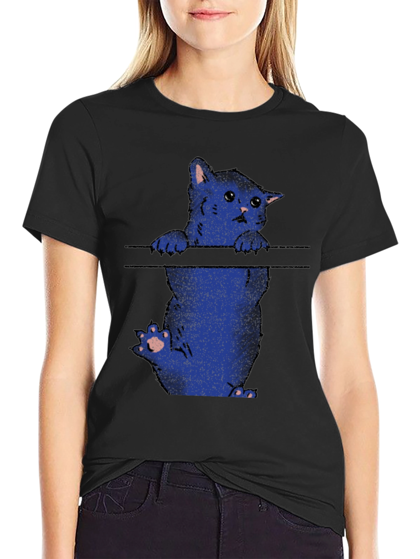 Black Sad Cat T-Shirt - Black Crew Neck Graphic Tee view 2