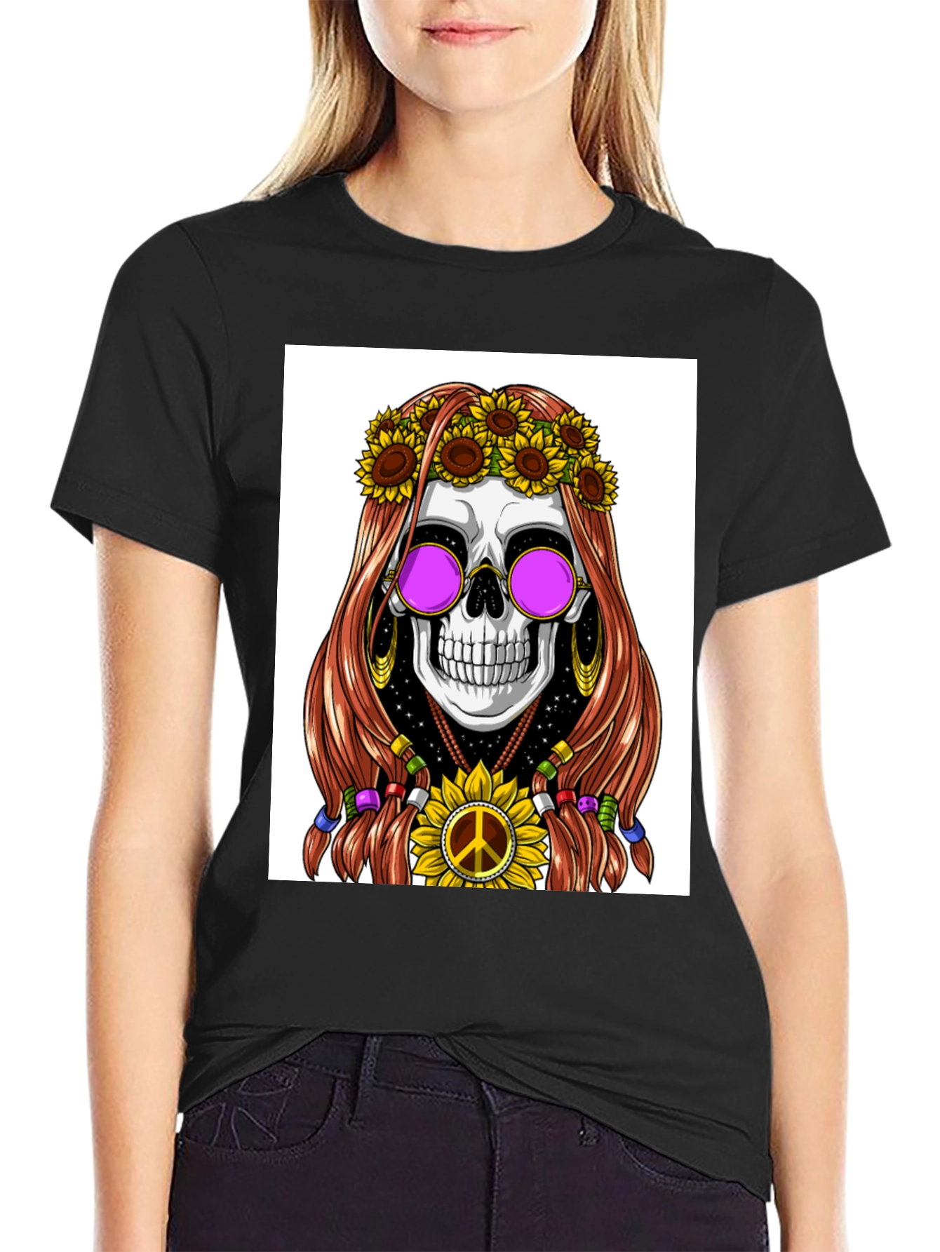 Black Hippie Skull Graphic T-Shirt view 2