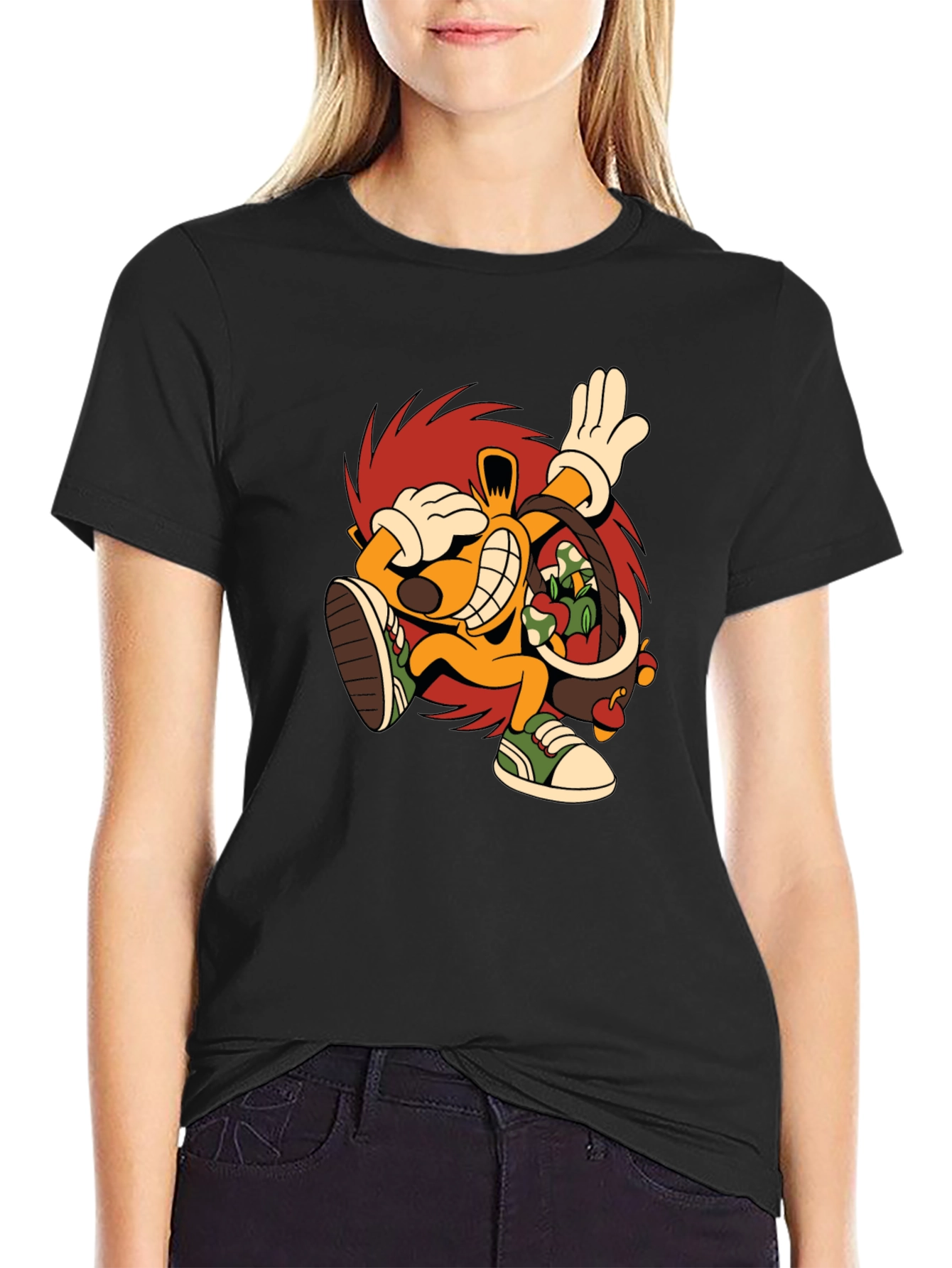 Black Cartoon Hedgehog Graphic Black T-Shirt view 2