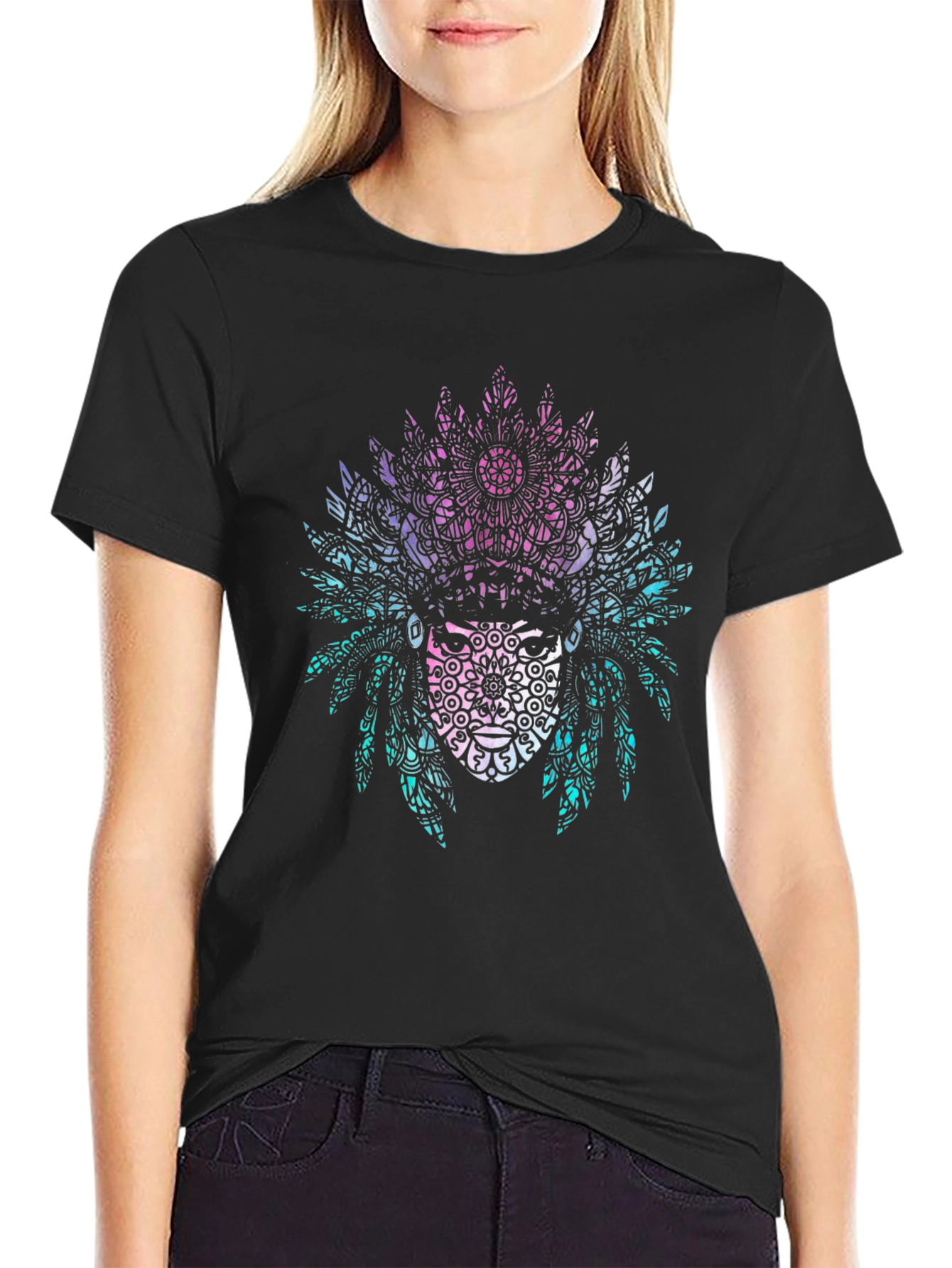 Black Tribal Mandala Headdress Graphic Tee - Black view 2