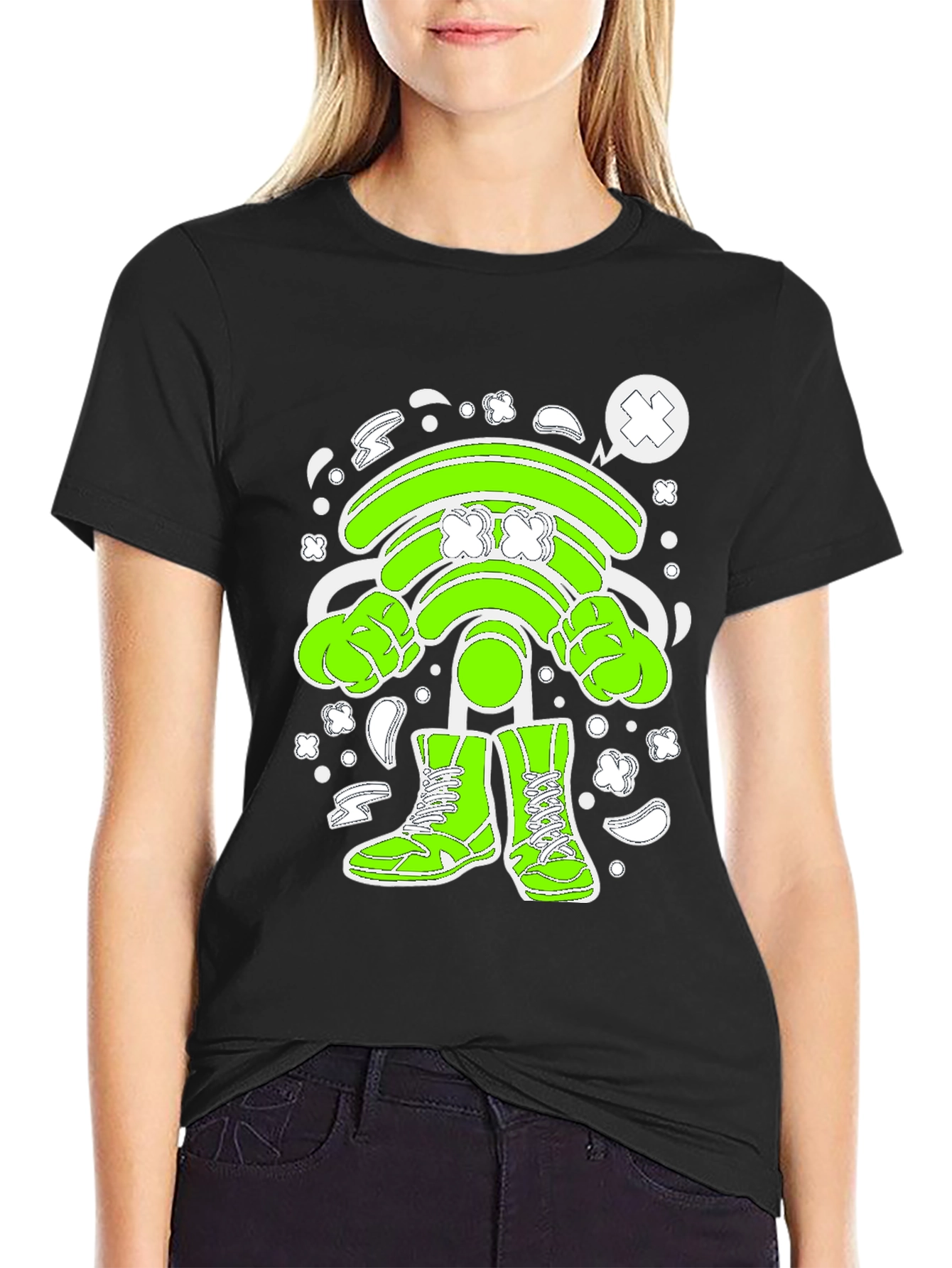 Black Funny Wifi Cartoon Graphic T-Shirt view 2