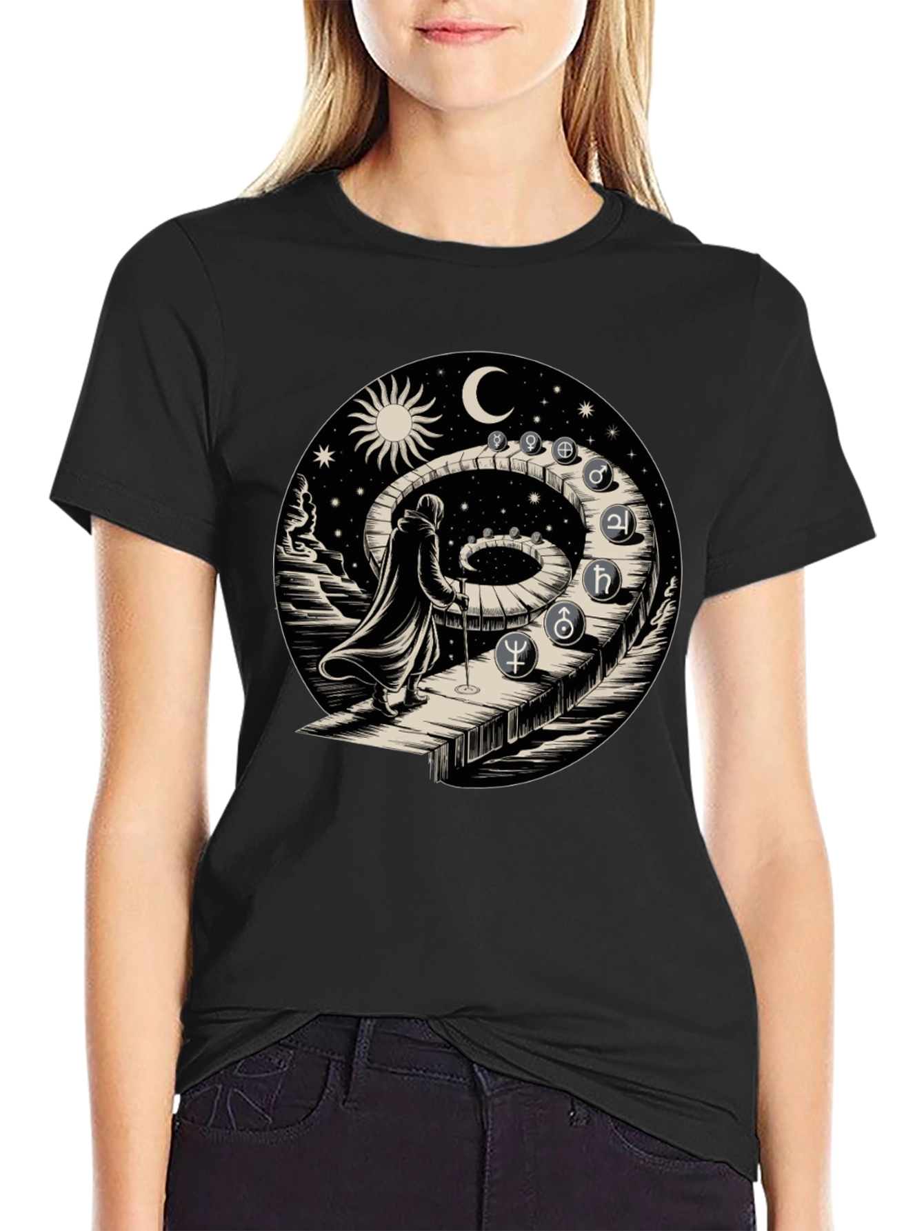 Black Astrological Path T-Shirt - Spiritual Journey Design view 2
