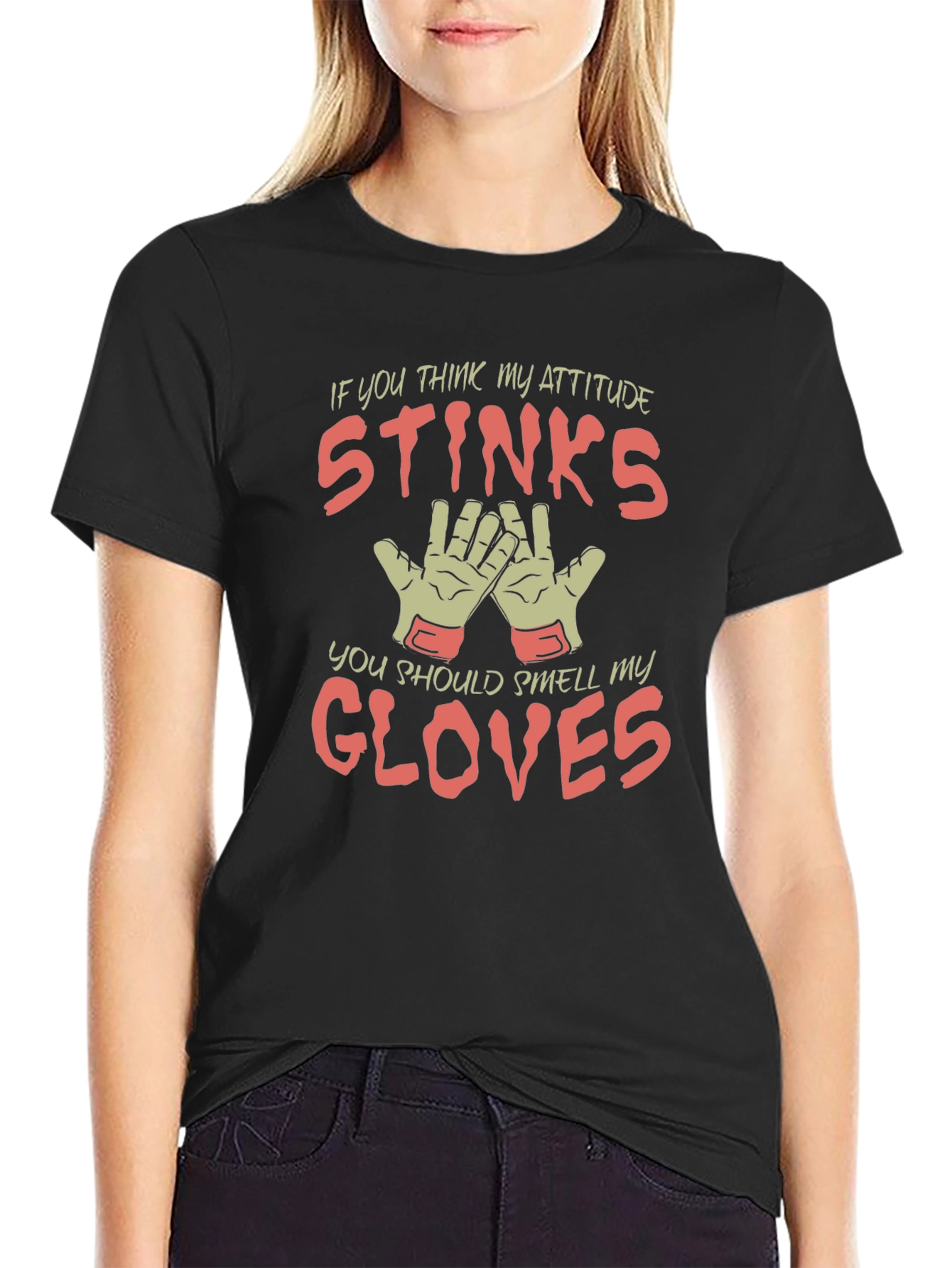 Black Attitude Stinks Gloves Graphic Tee - Unisex view 2