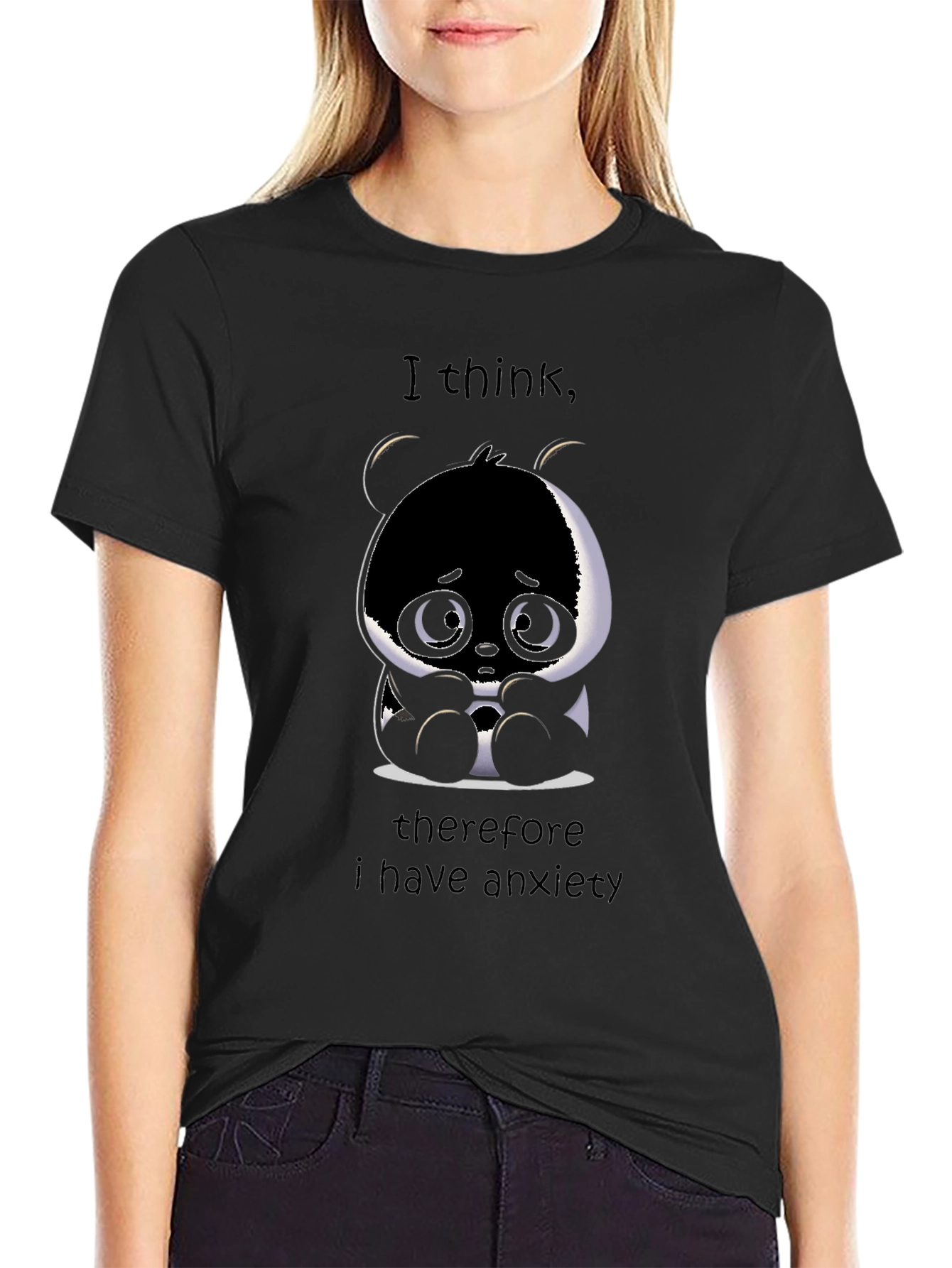 Black Anxious Panda T-Shirt - I Think Therefore I Have Anxiety Tee view 2