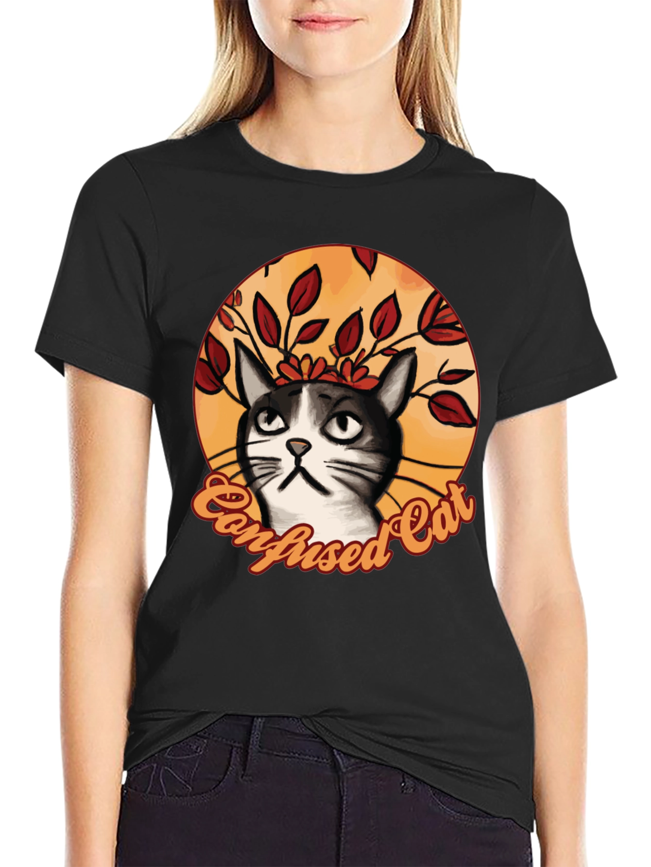 Black Confused Cat Graphic T-Shirt - Funny Cat Lover Tee view 2