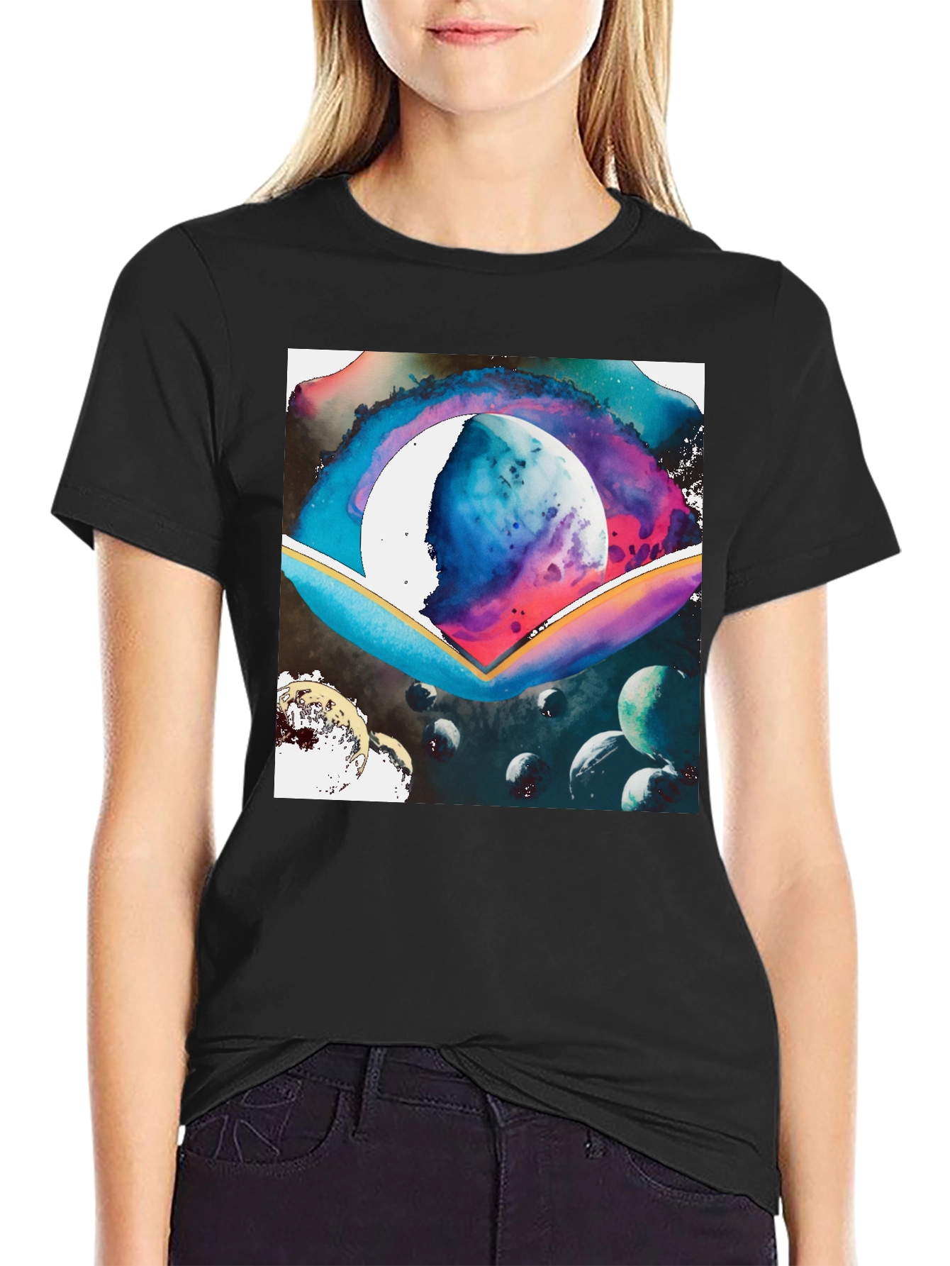 Black Galaxy Watercolor Graphic Tee - Black Cotton Blend view 2