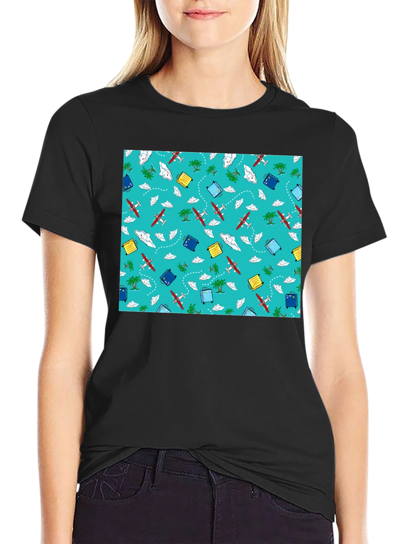 Black Travel Pattern Black T-Shirt view 2