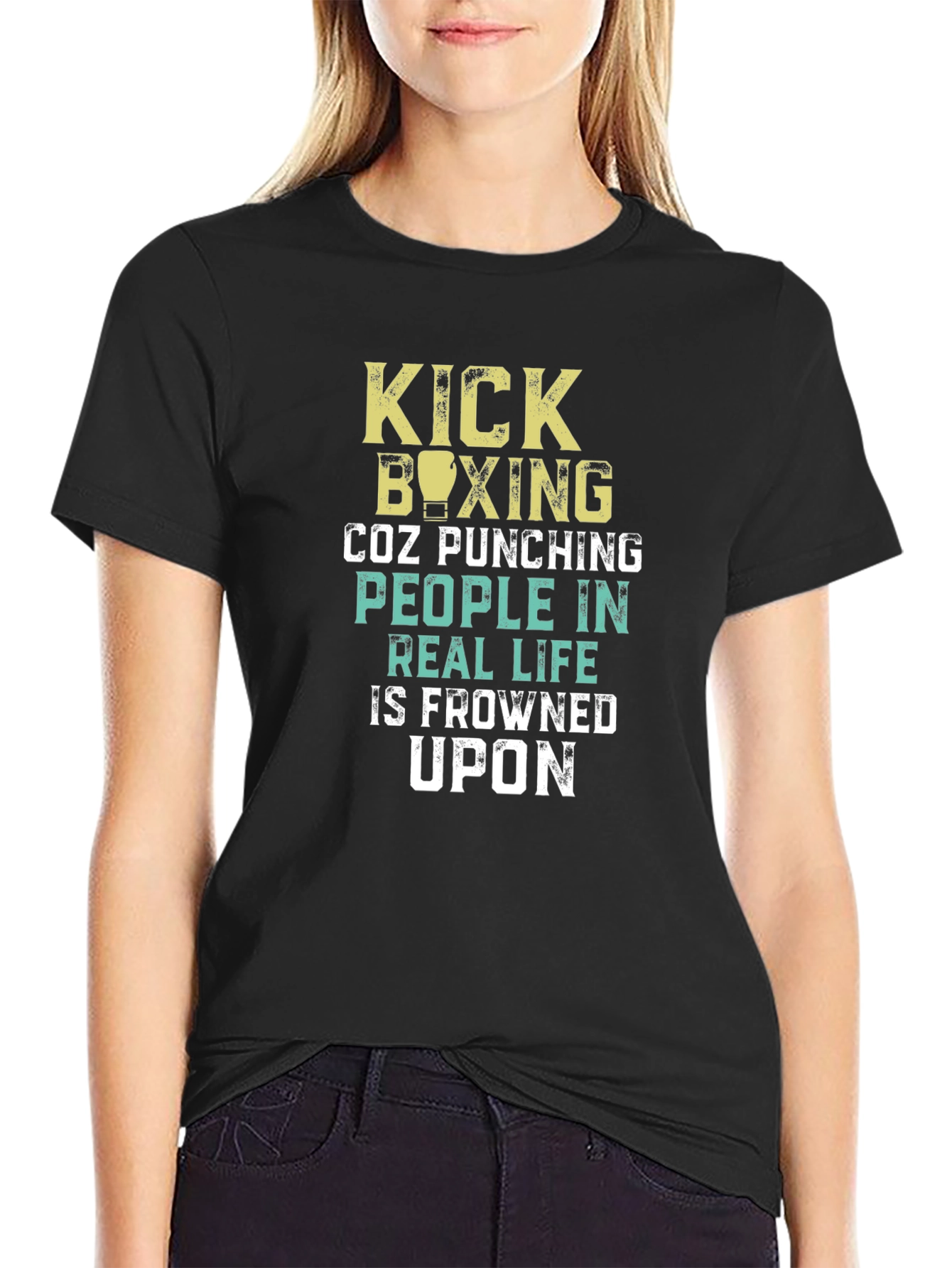 Black Kick Boxing Graphic T-Shirt - Punching People is Frowned Upon view 2