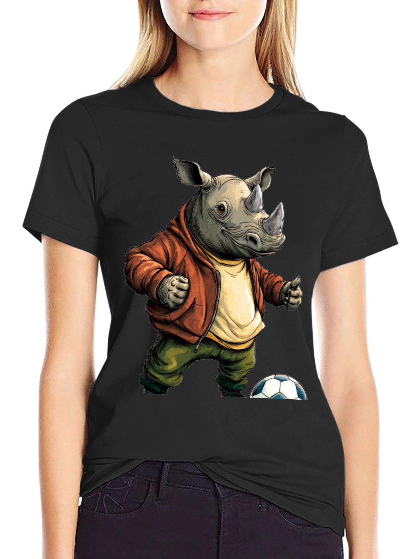 Black Rhino Soccer T-Shirt: Unique Cartoon Graphic Tee view 2