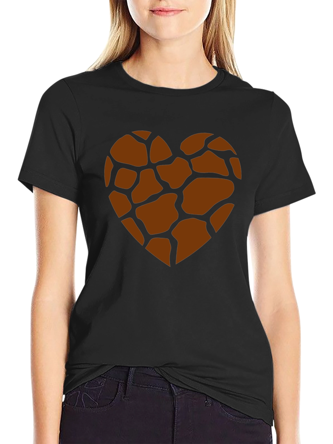 Black Giraffe Print Heart Graphic Tee - Trendy Casual Shirt view 2
