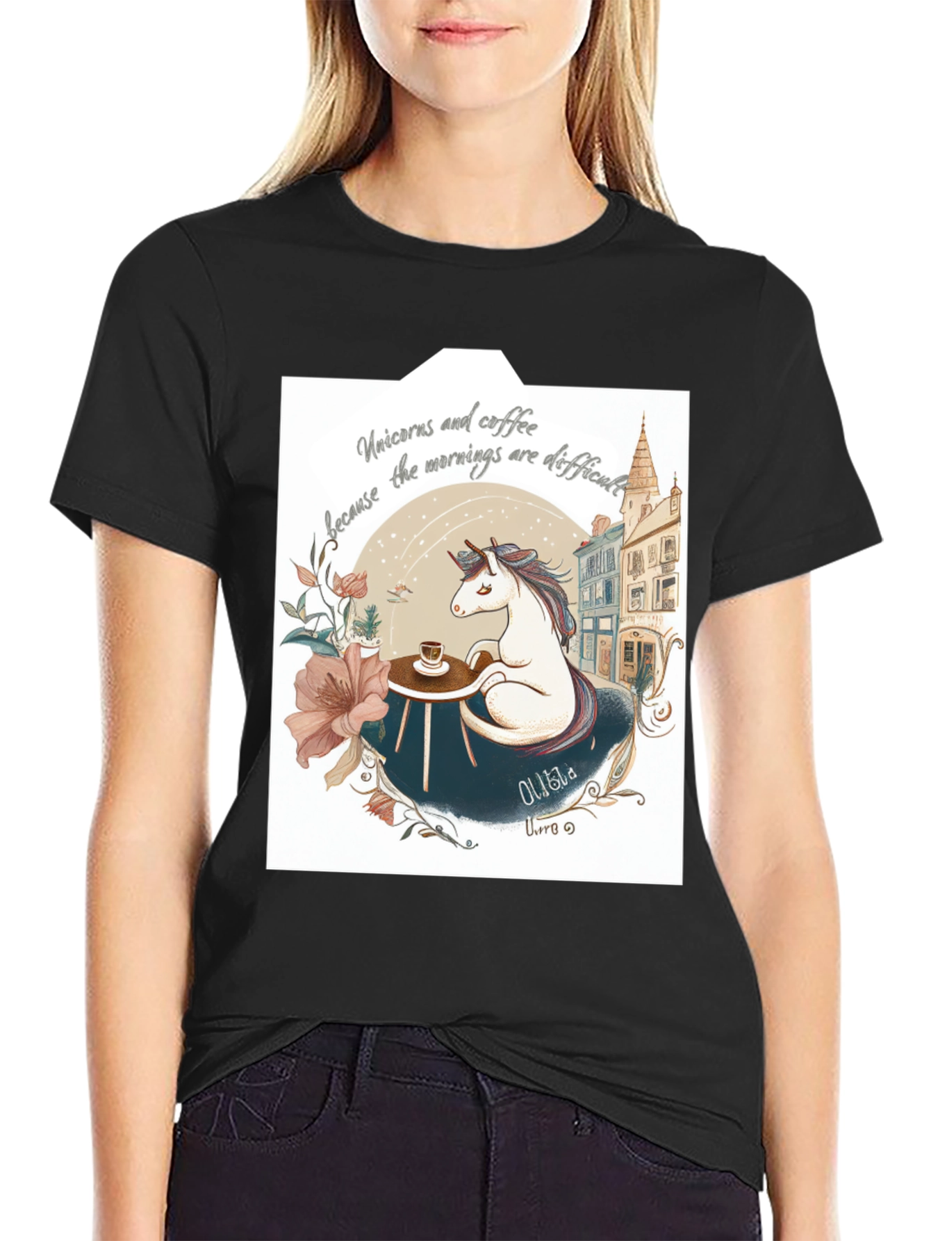 Black Unicorns and Coffee Black T-Shirt  view 2