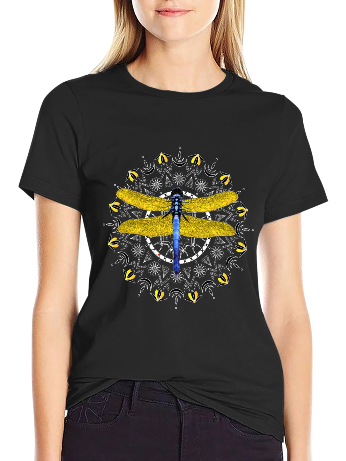 Black Dragonfly Mandala Graphic Tee - Stylish Black T-Shirt view 2