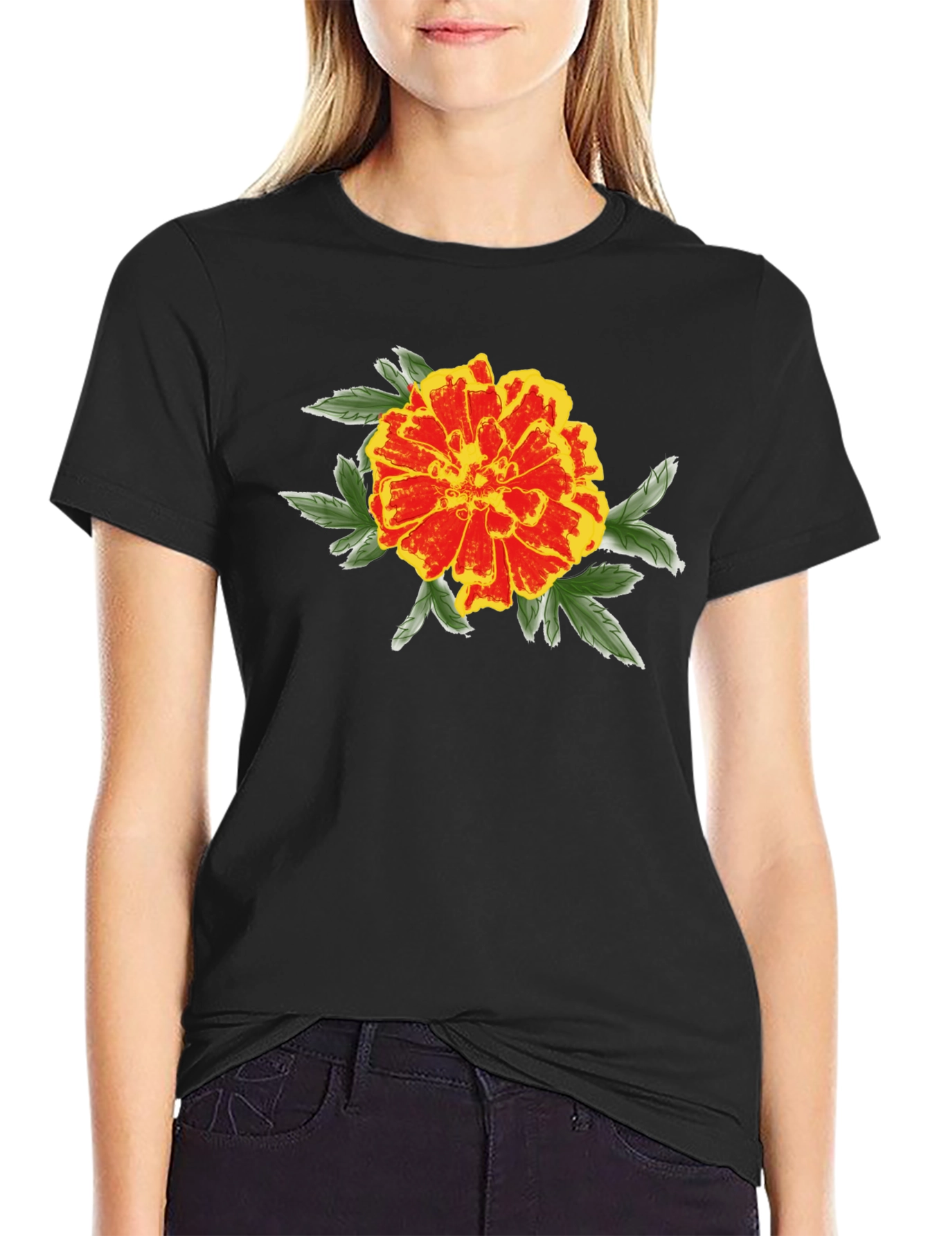 Black Marigold Graphic Black T-Shirt - Stylish Floral Design view 2