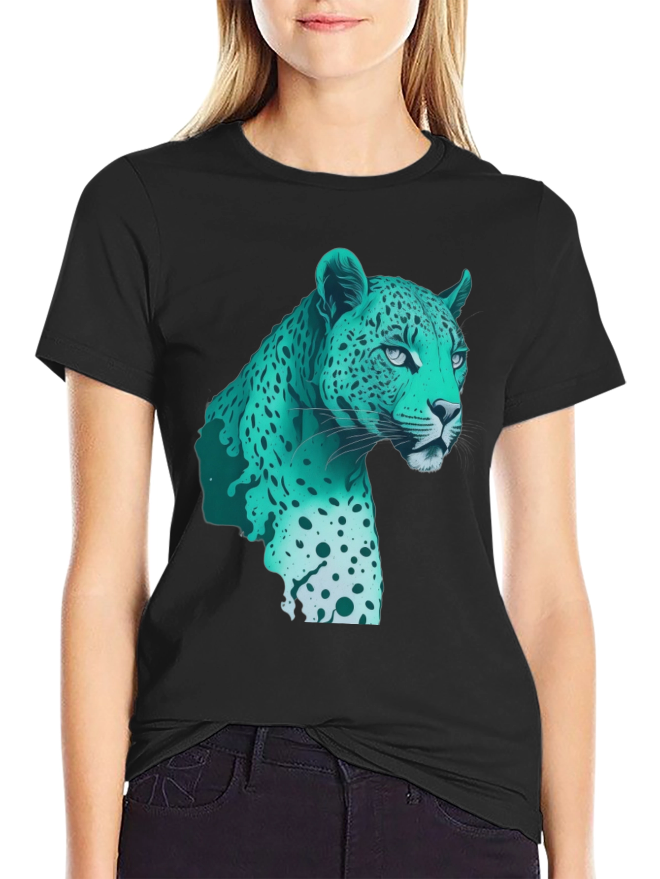 Black Cool Teal Jaguar Graphic Print Black T-Shirt view 2