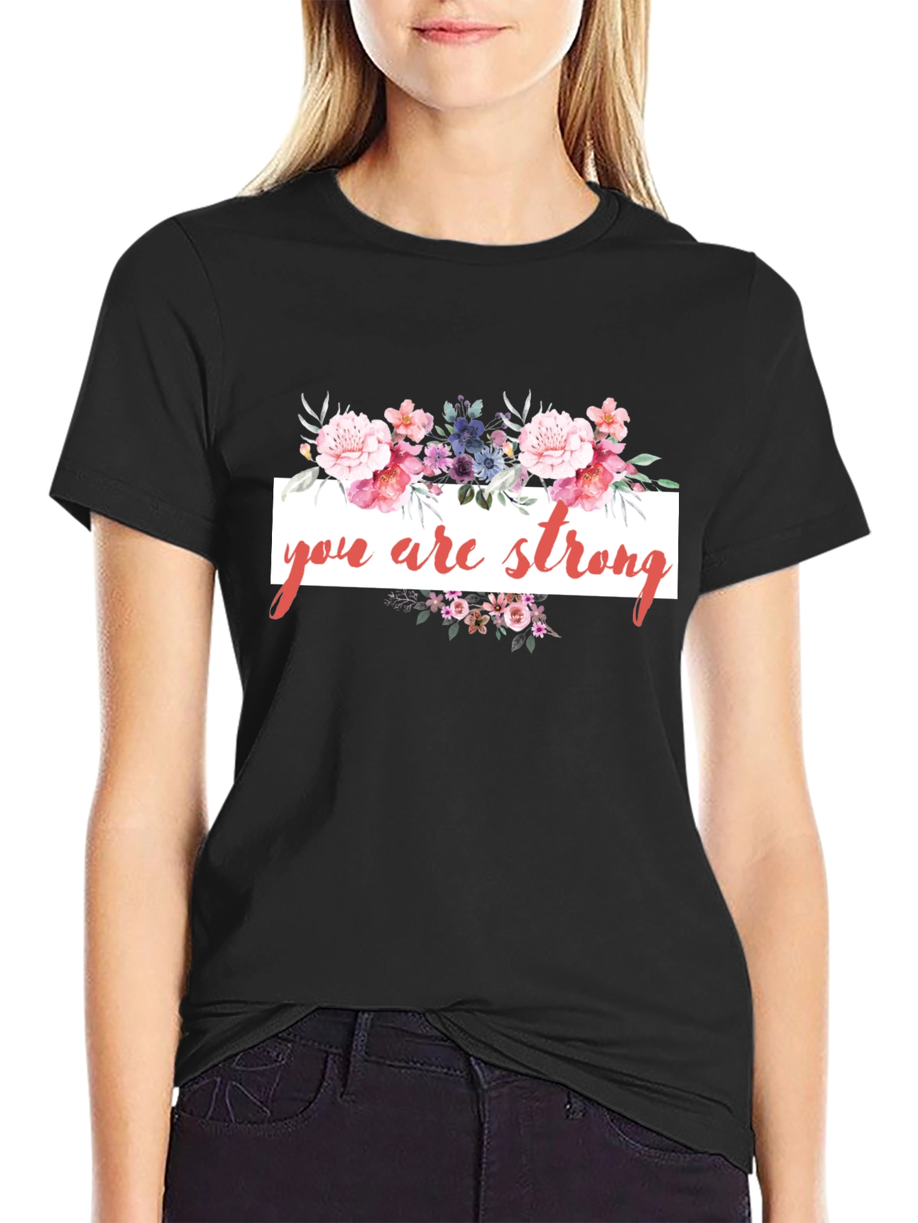 Black Floral 'You Are Strong' Black T-Shirt view 2