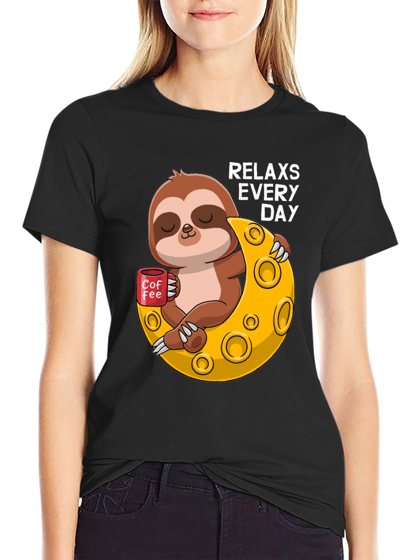 Black Relax Sloth on Moon T-Shirt view 2