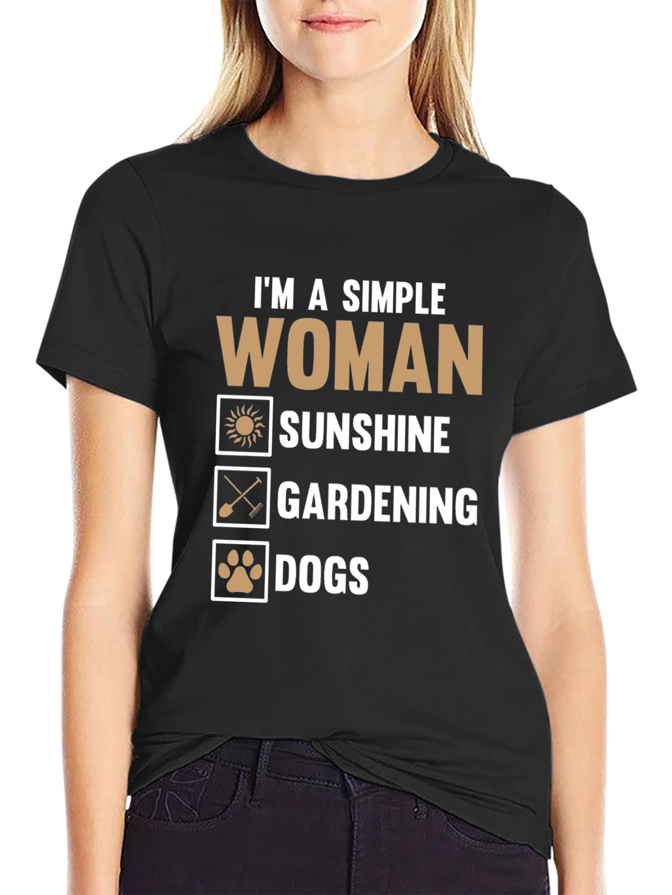 Black Simple Woman T-Shirt - Sunshine, Gardening, Dogs view 2