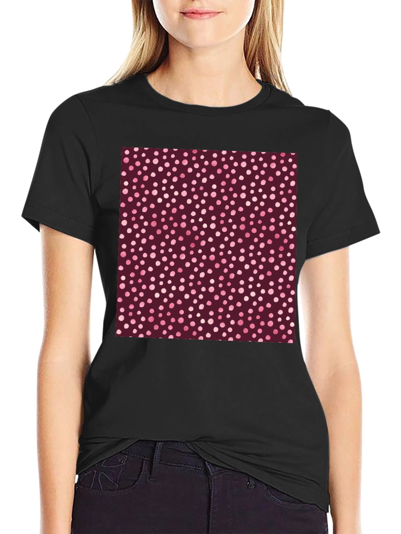 Black Stylish Polka Dot Print Black T-Shirt view 2
