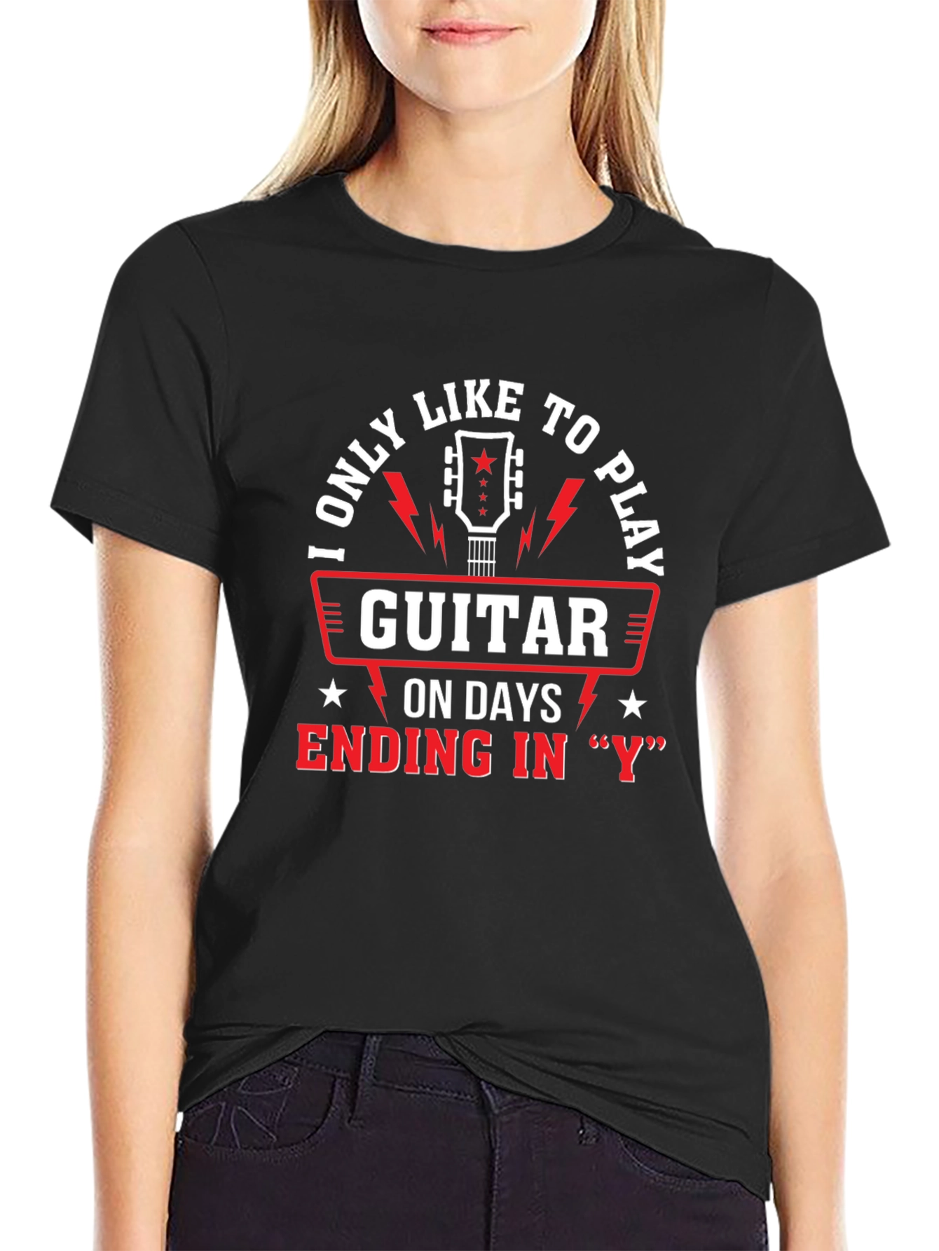 Black Guitar Player T-Shirt - Days Ending in "Y" view 2