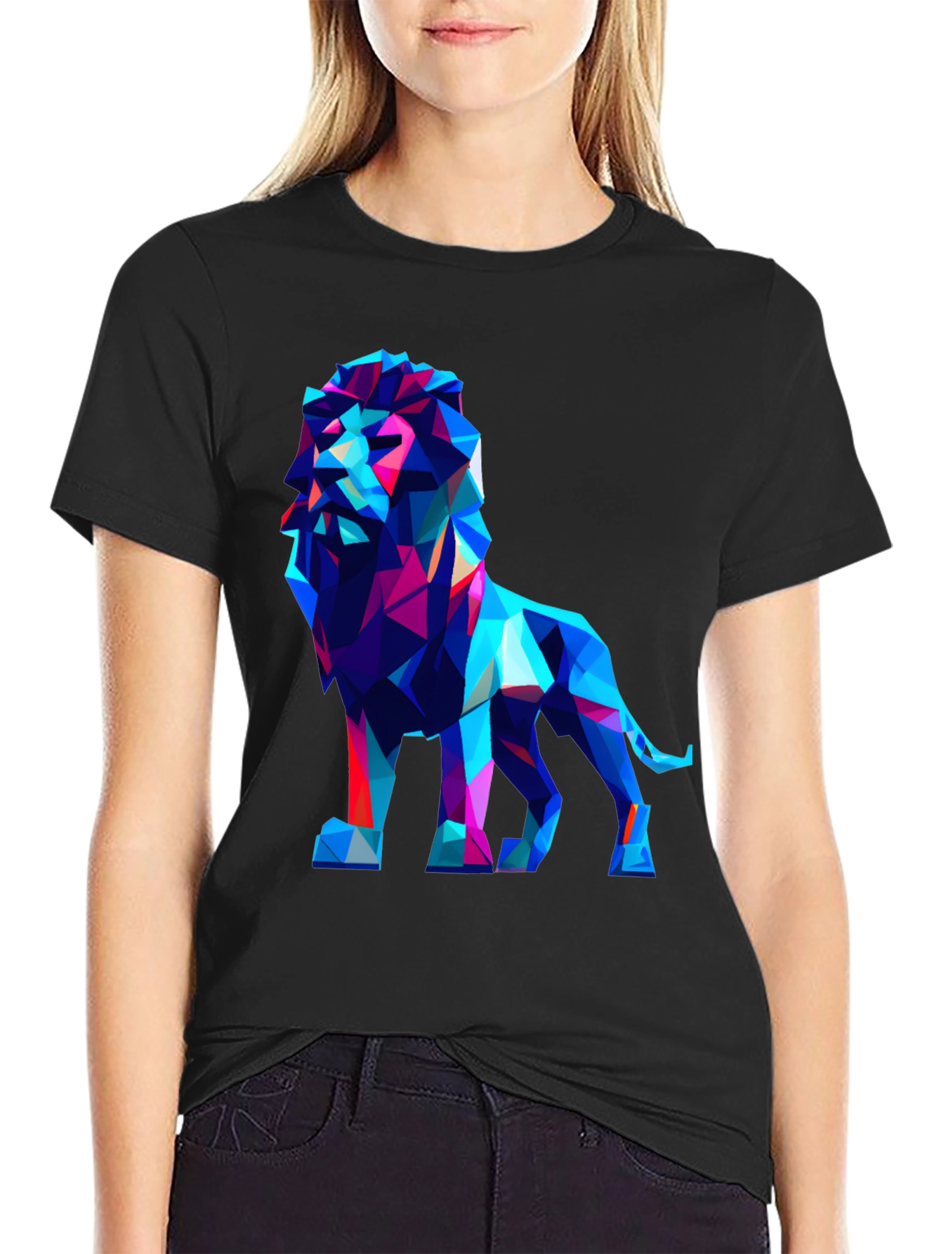 Black Geometric Lion Graphic Tee - Modern Art Shirt view 2