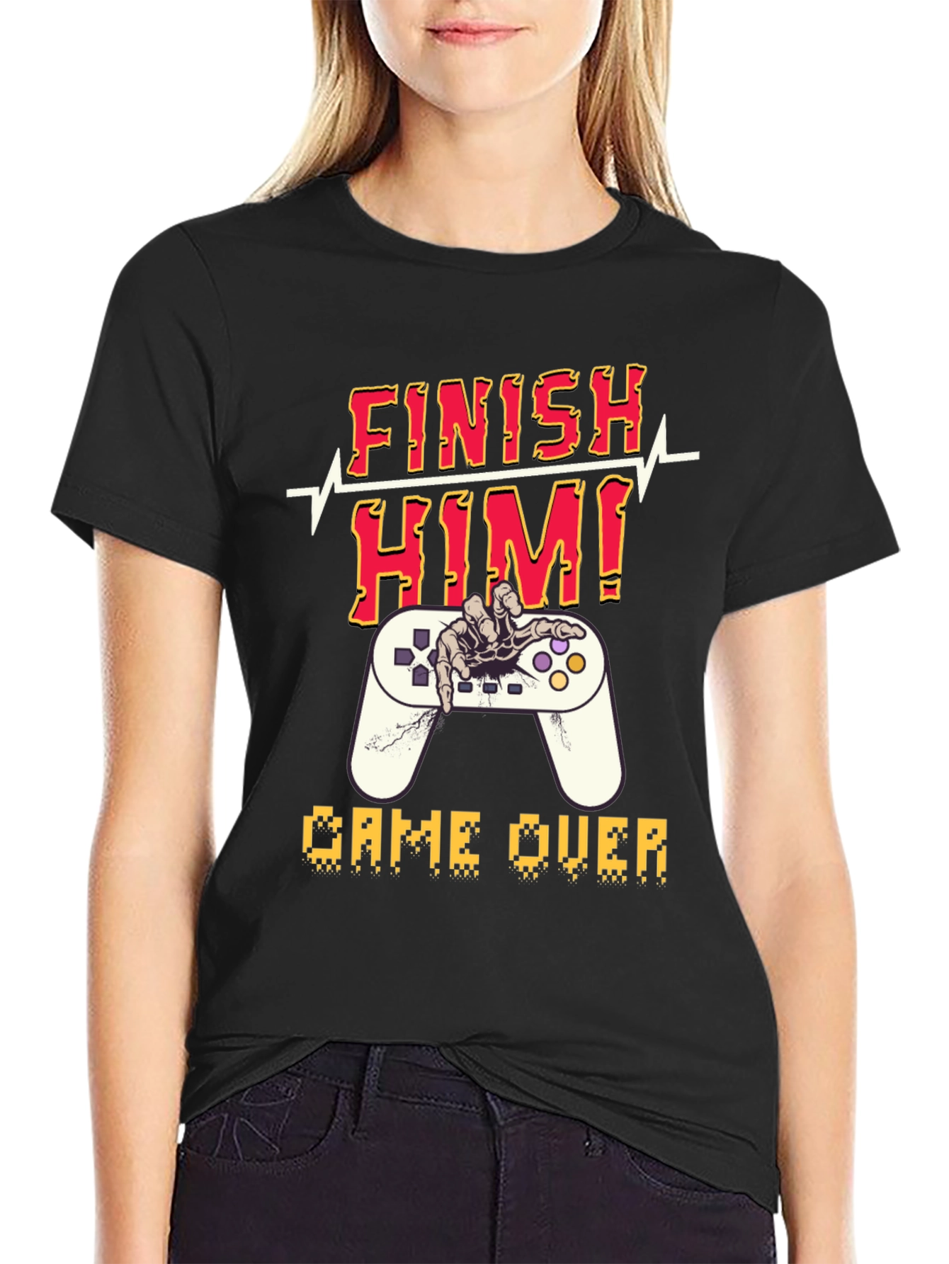 Black Finish Him! Game Over Graphic T-Shirt view 2