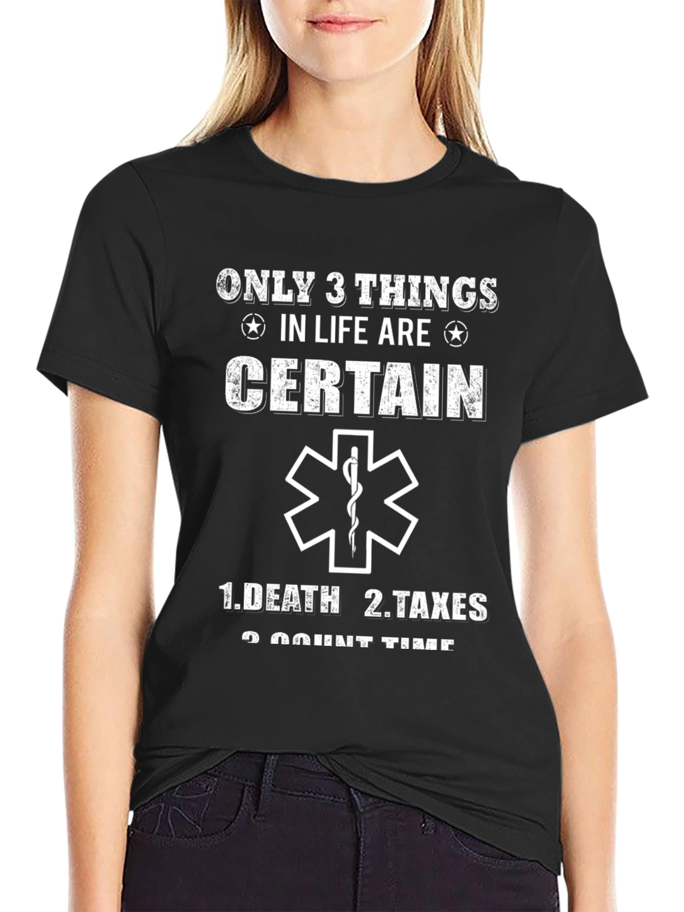 Black Only 3 Things T-Shirt - Death, Taxes, Count Time view 2