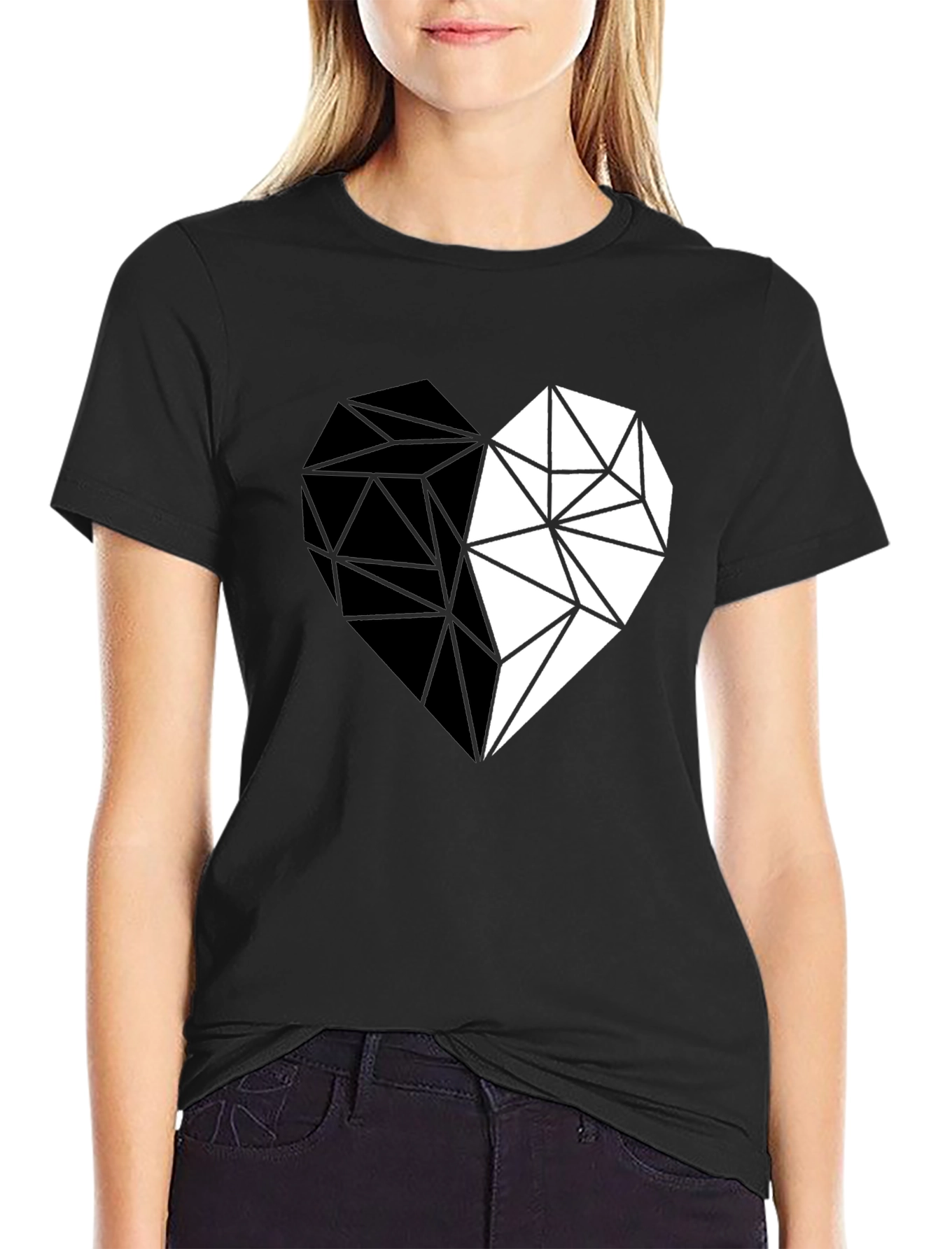 Black Geometric Heart Print Black Casual Tee view 2