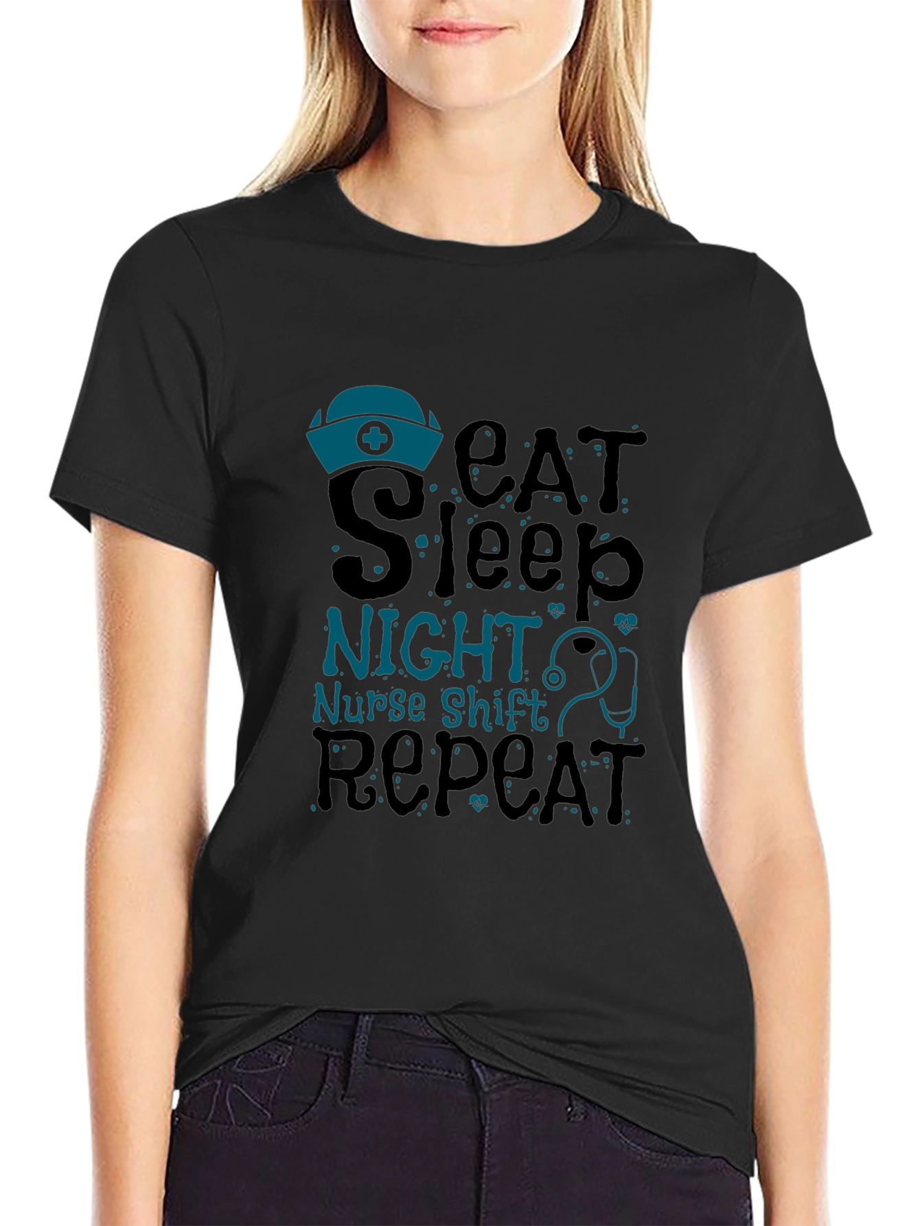 Black Nurse Night Shift T-Shirt - Eat Sleep Repeat view 2