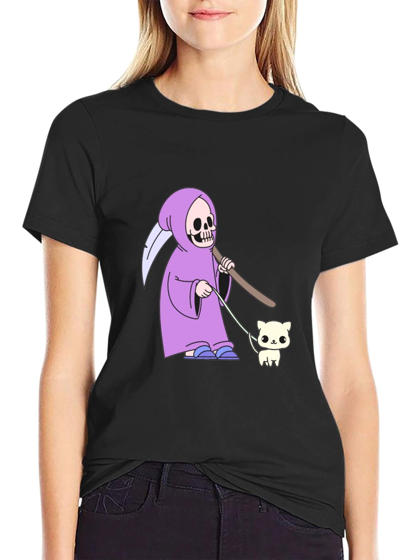 Black Grim Reaper Cat Walk T-Shirt - Funny Graphic Tee view 2