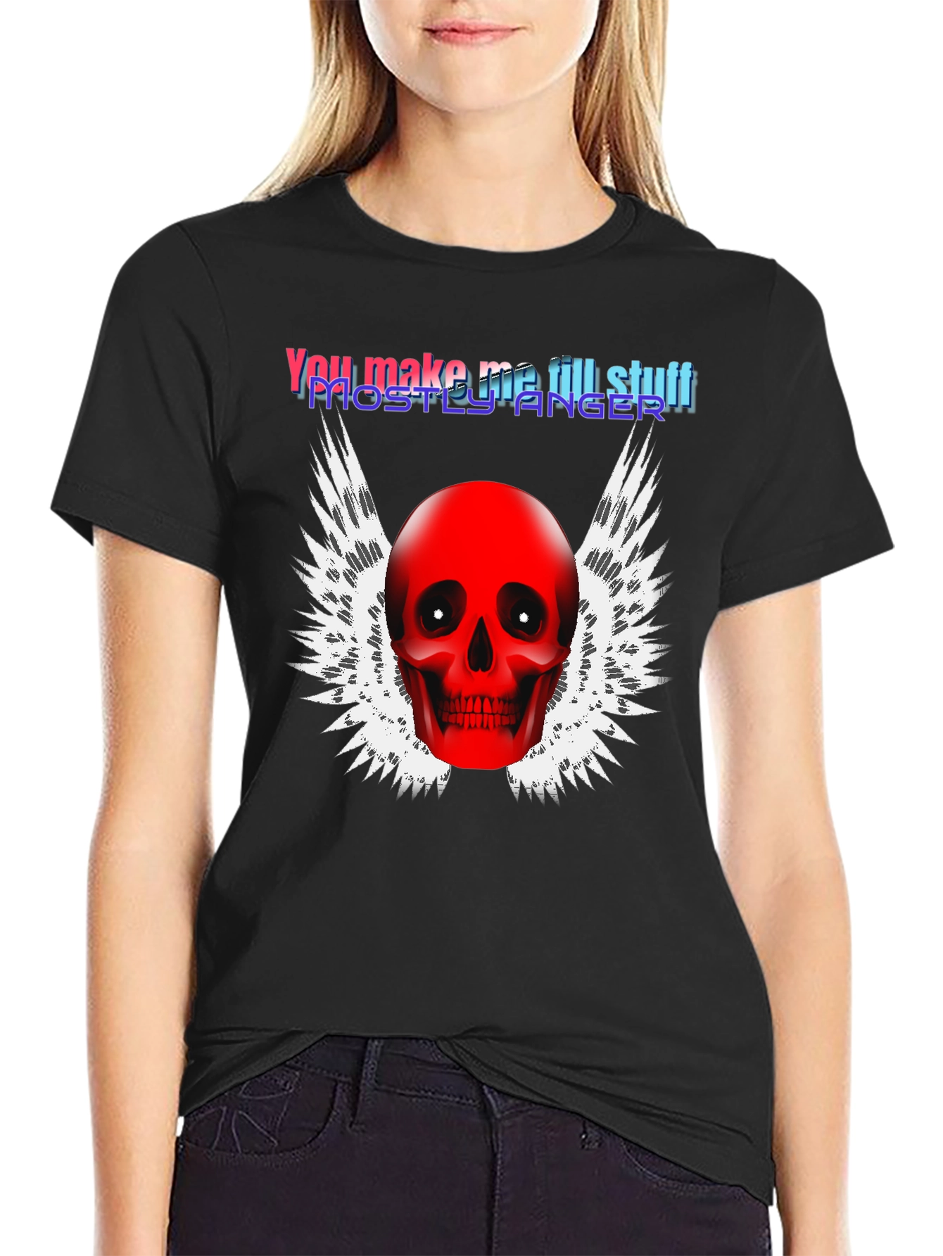 Black Edgy Skull Winged Graphic Print Black T-Shirt view 2