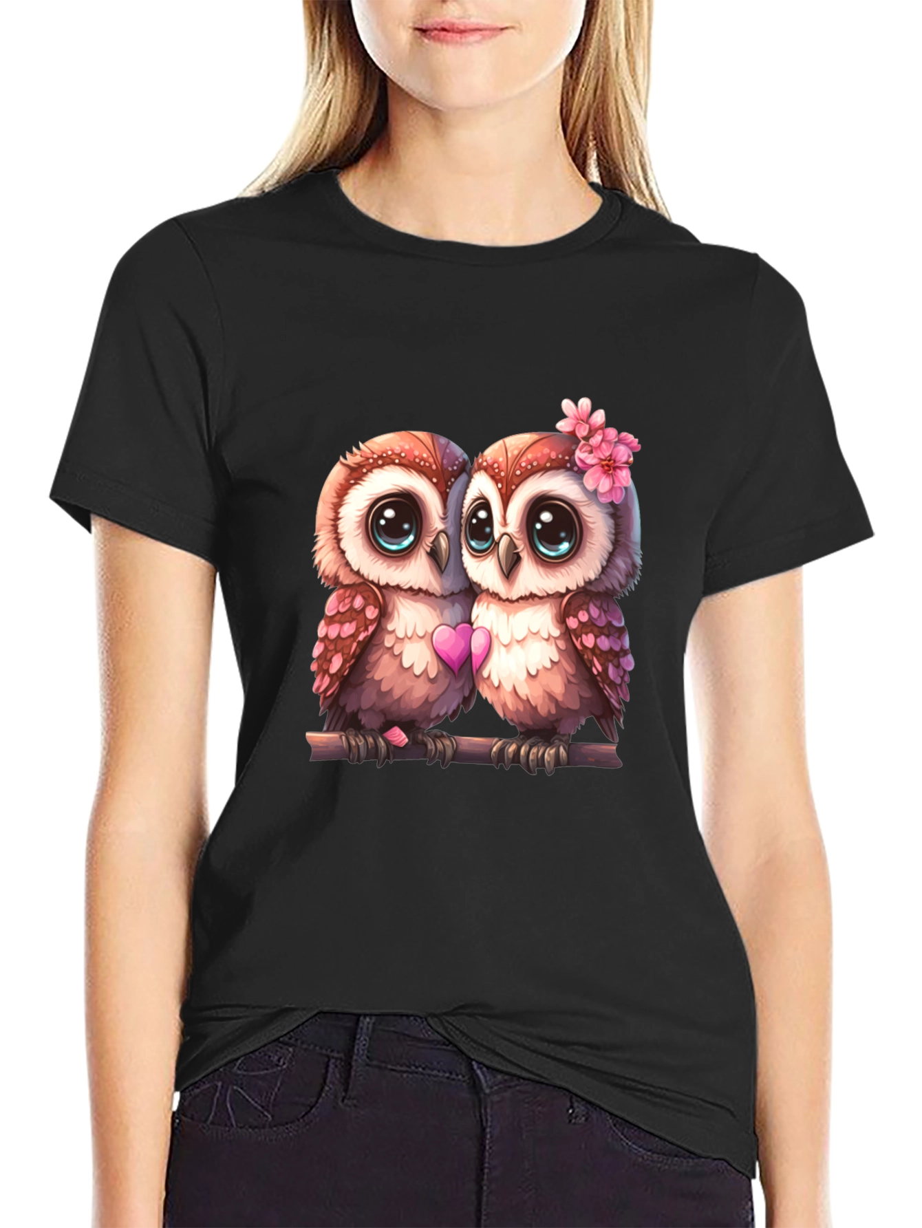 Black Owl Love T-Shirt - Cute Couple Owls Graphic Tee view 2