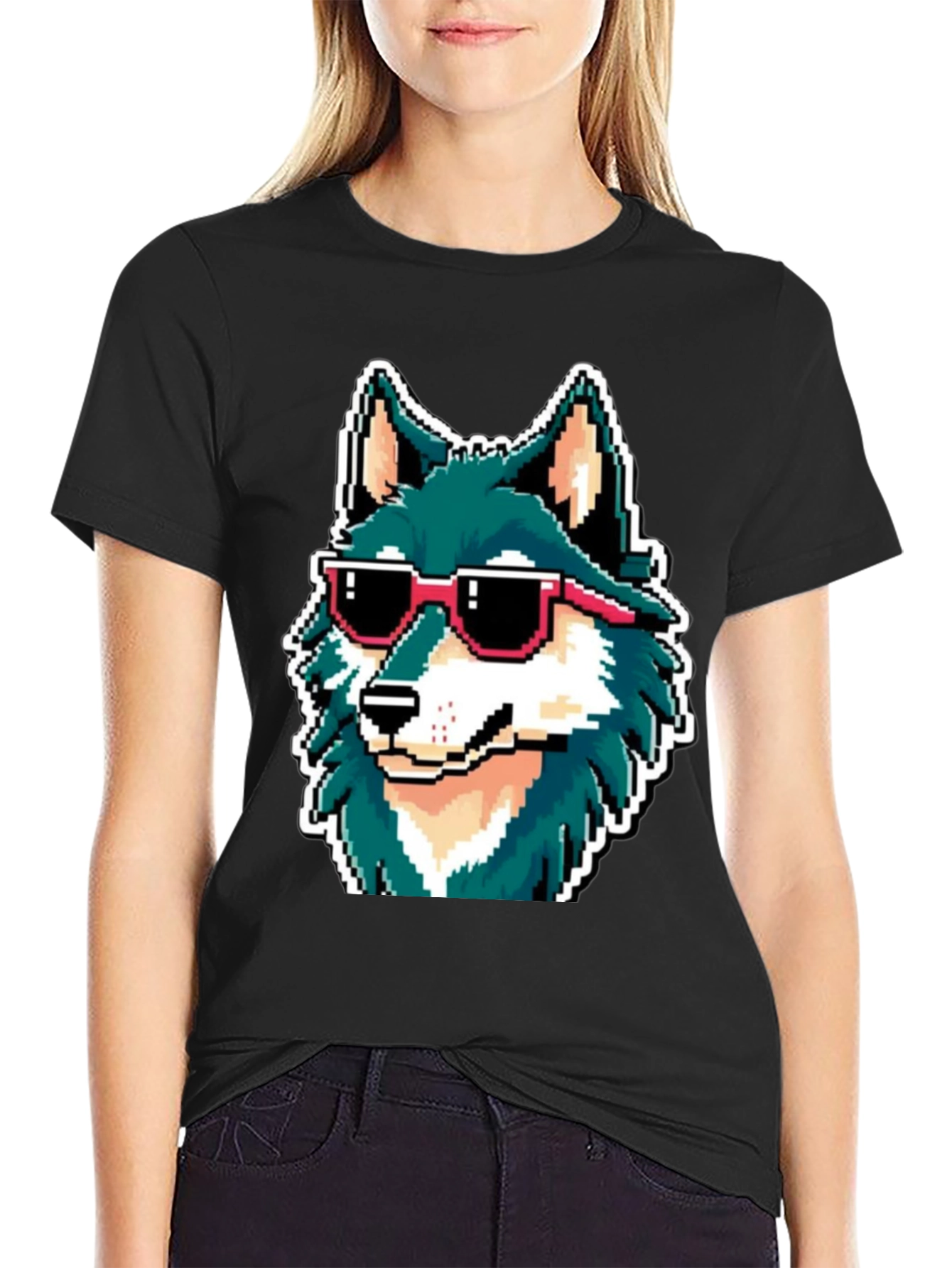 Black Cool Pixel Wolf Tee view 2