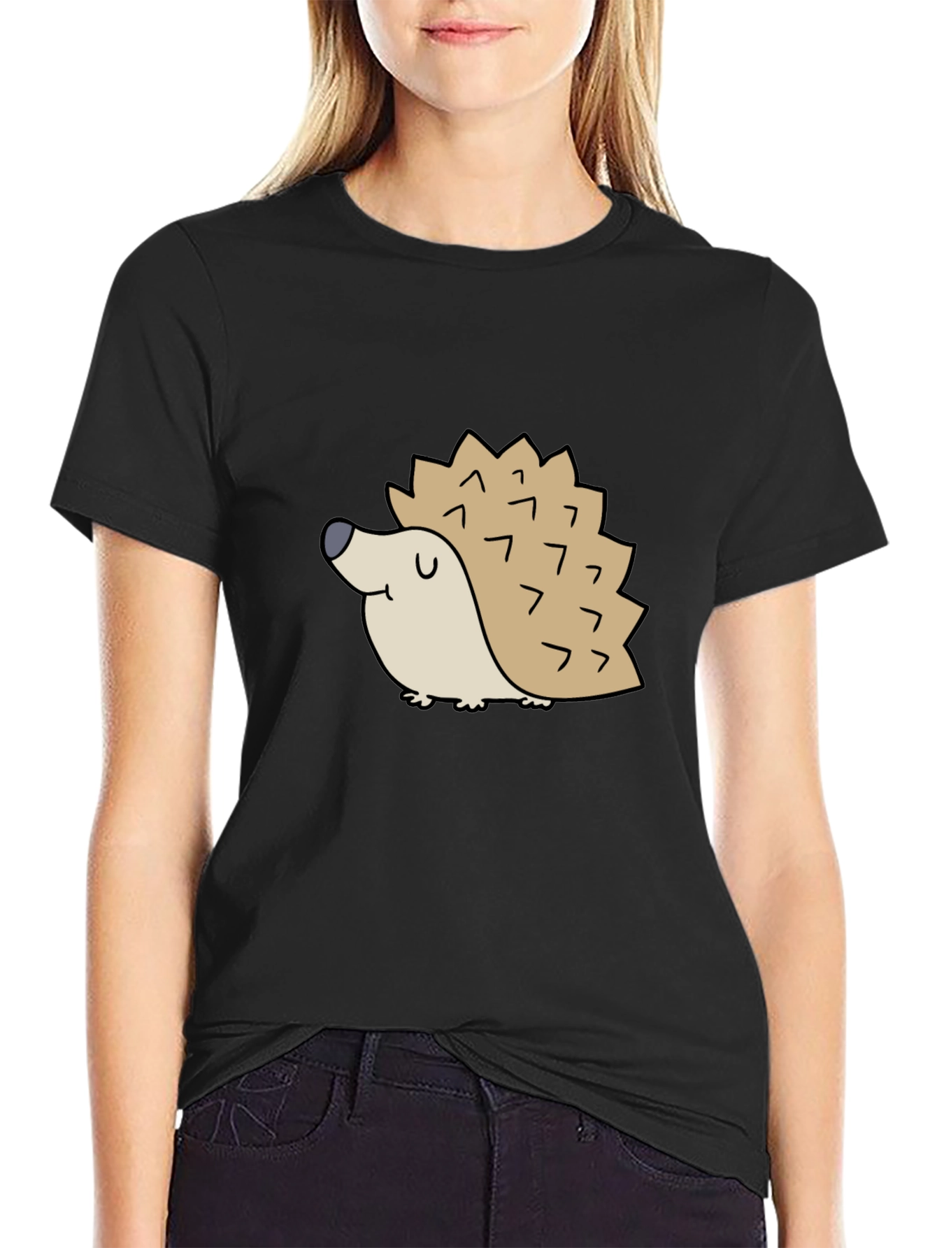 Black Cute Hedgehog Graphic Tee - Black Cotton T-Shirt view 2