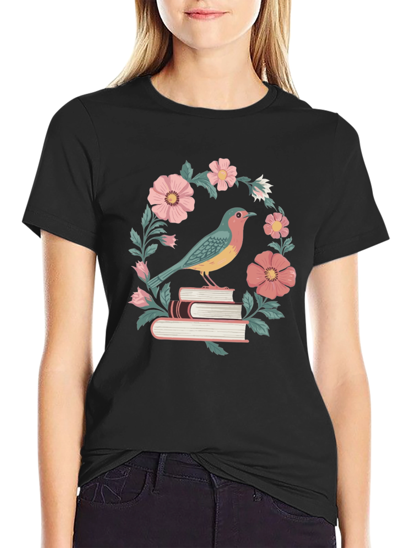 Black Bird on Books Floral T-Shirt view 2