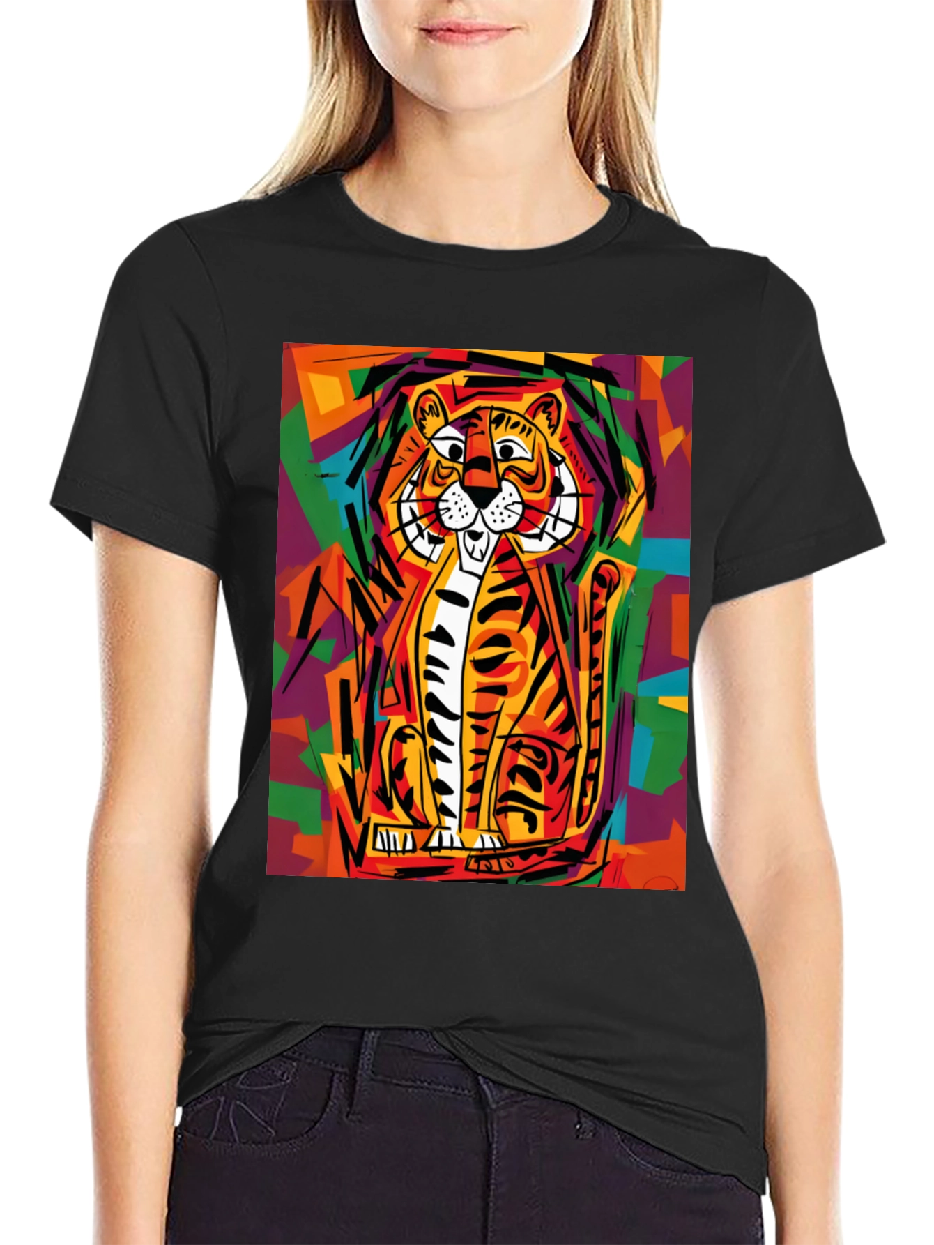 Black Abstract Tiger Graphic Tee - Soft Black Cotton view 2