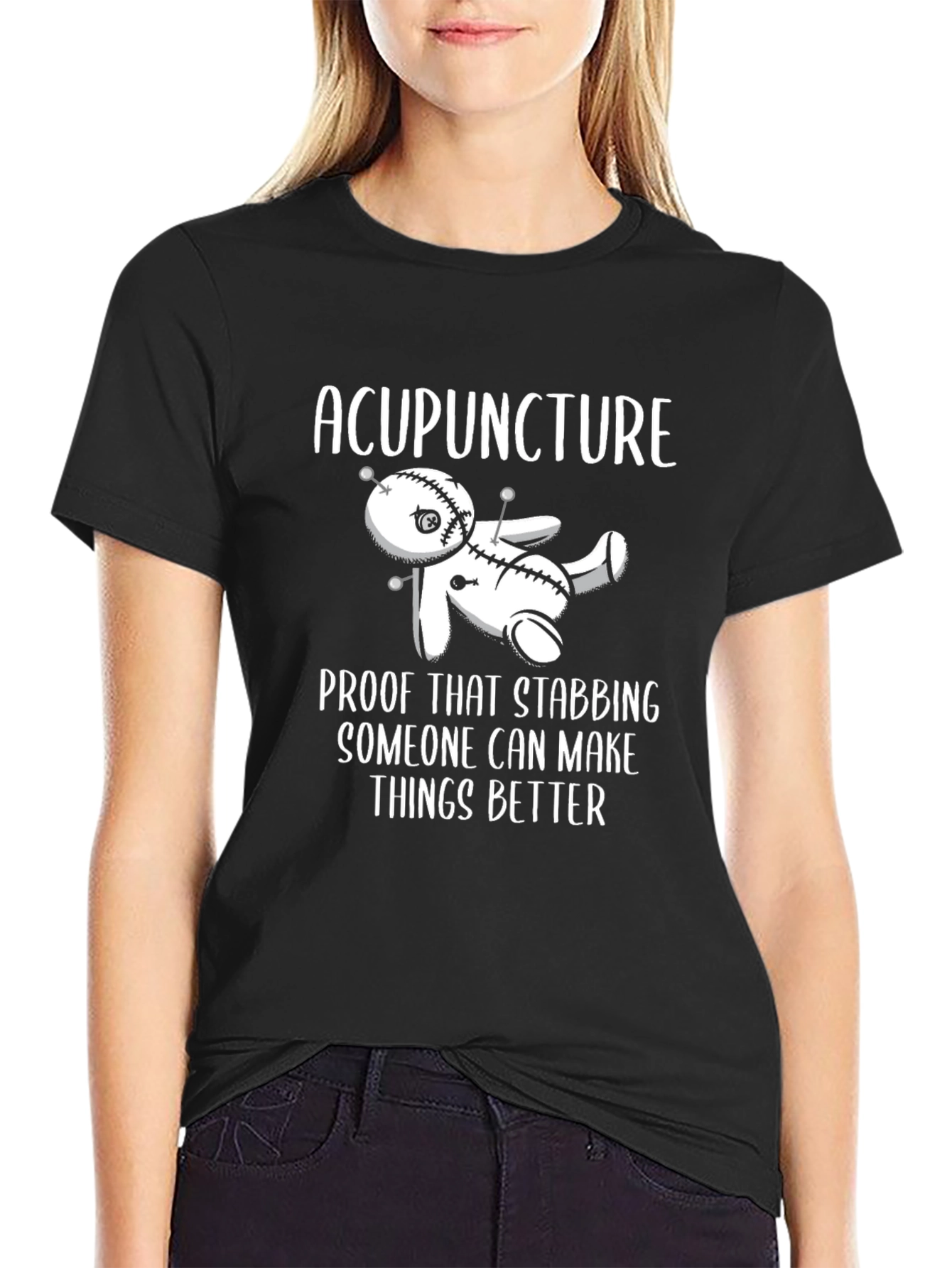 Black Acupuncture Stabbing Voodoo Doll Funny Black T-Shirt view 2