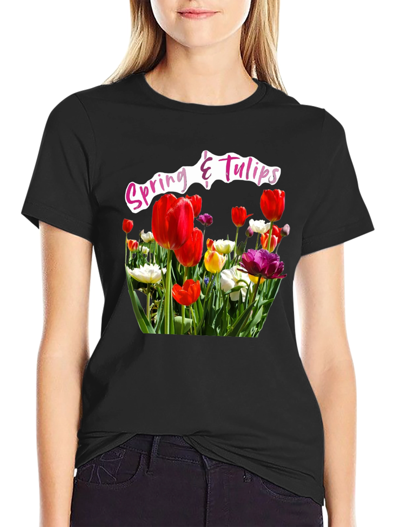 Black Spring & Tulips Black T-Shirt view 2