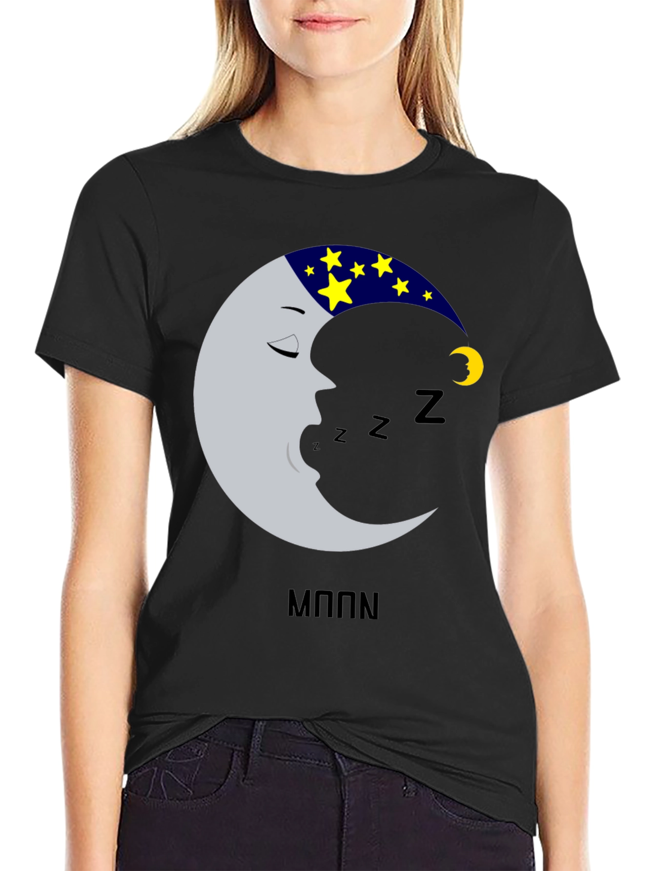 Black Sleeping Moon T-Shirt - Dreamy Design view 2