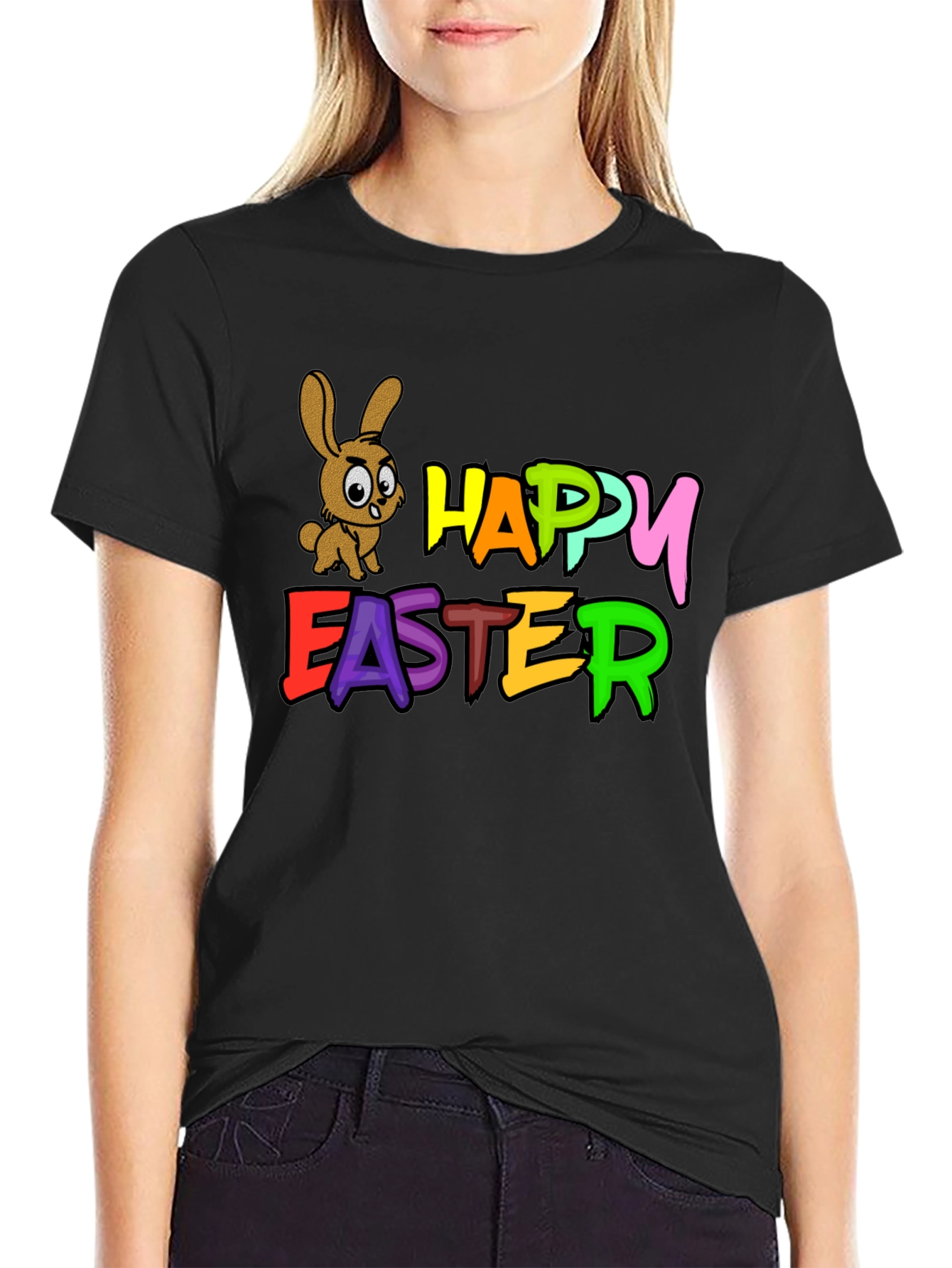 Black Happy Easter Bunny Black T-Shirt view 2
