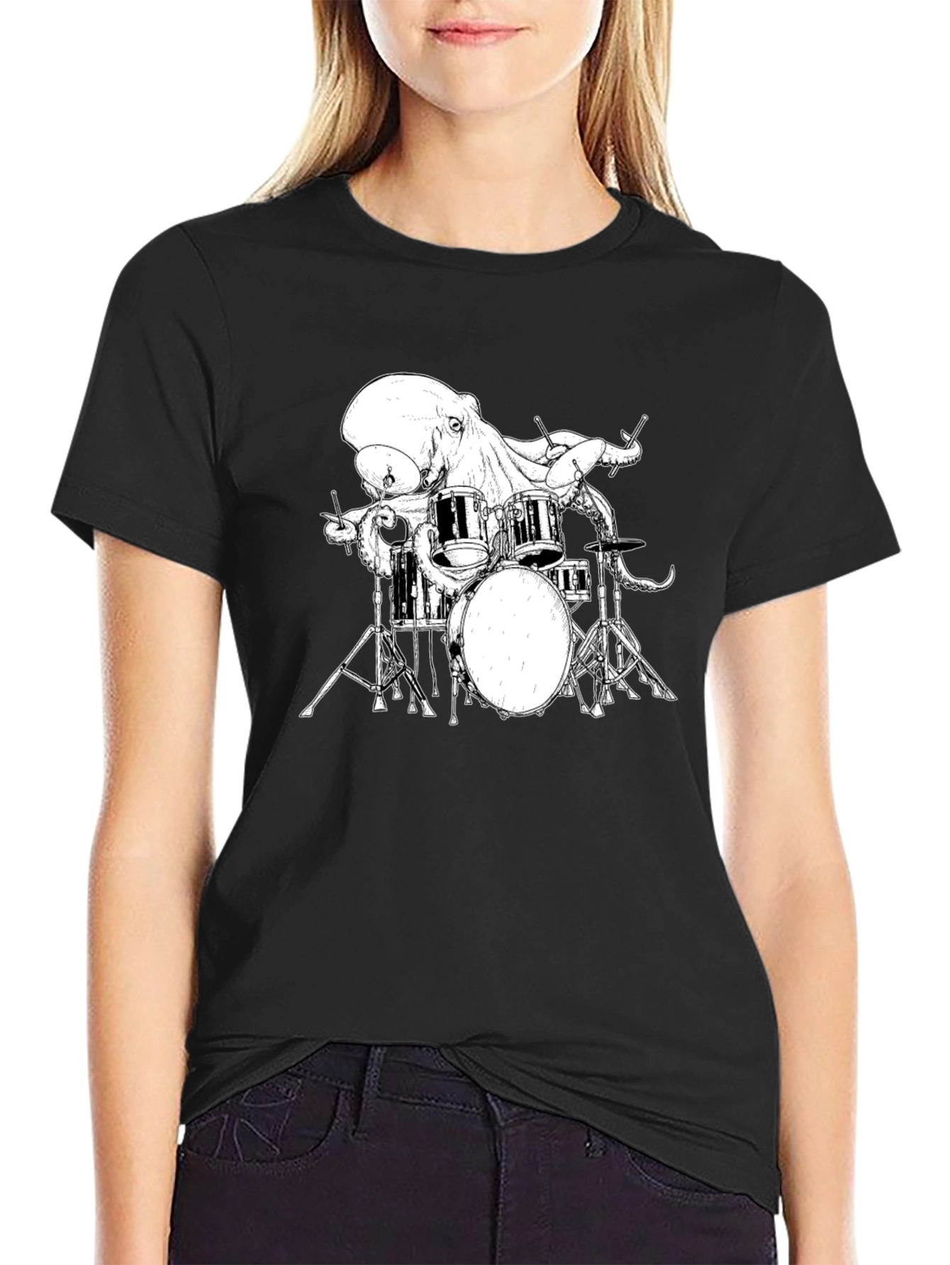 Black Octopus Drummer Graphic T-Shirt view 2