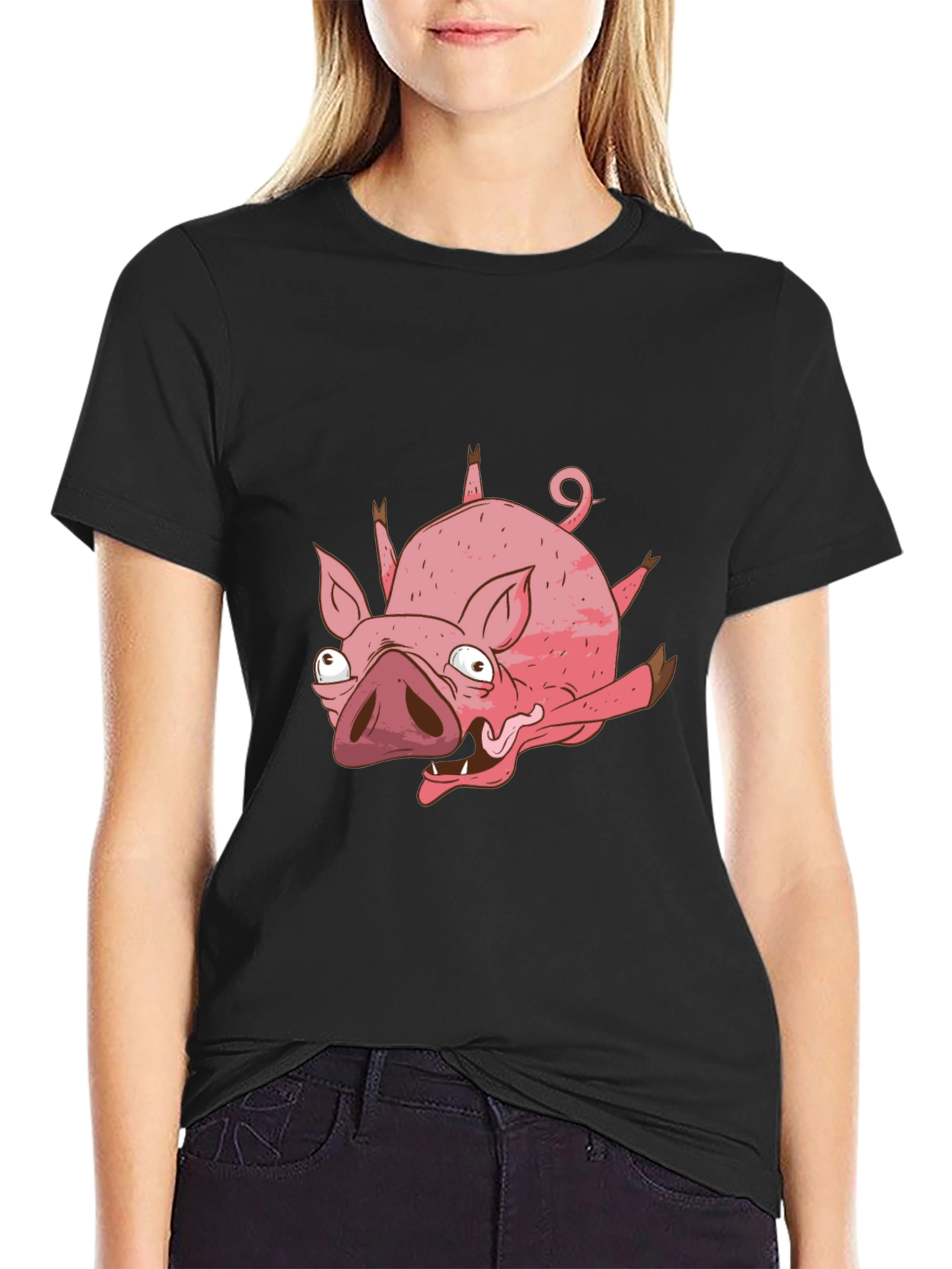 Black Funny Cartoon Pig Black T-Shirt view 2