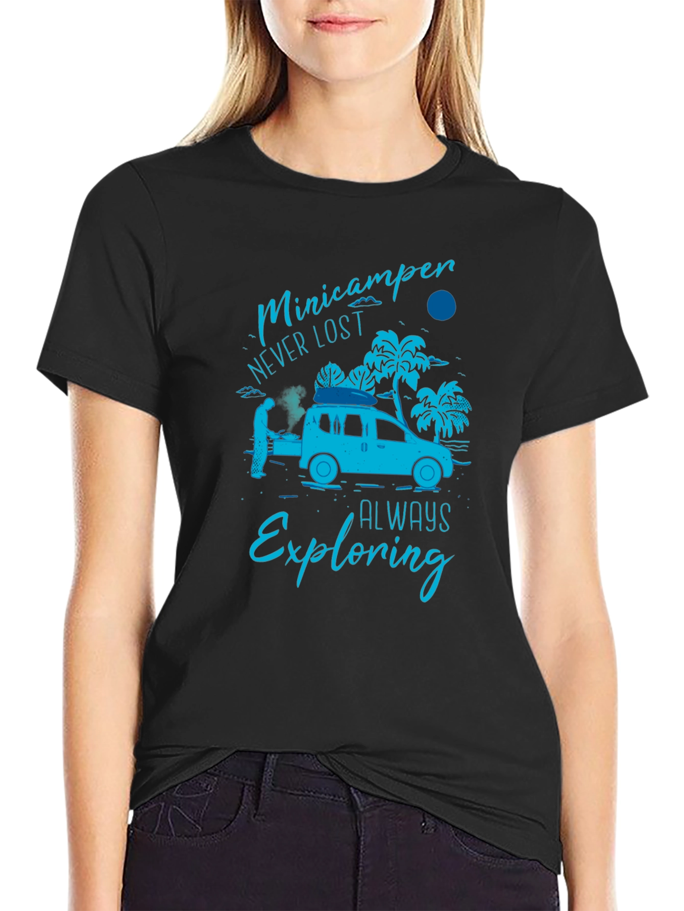 Black Minicamper Adventure T-Shirt: Never Lost, Always Exploring view 2