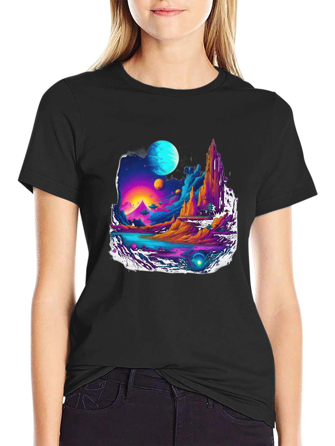 Black Vibrant Sci-Fi Landscape Graphic Tee view 2
