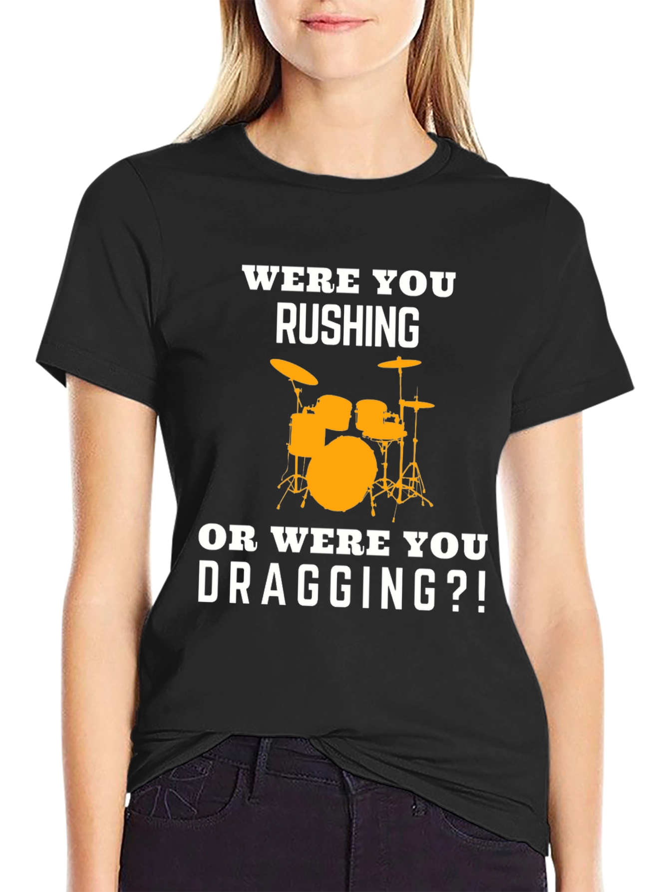 Black Drummer T-Shirt - Rushing or Dragging Funny Tee view 2