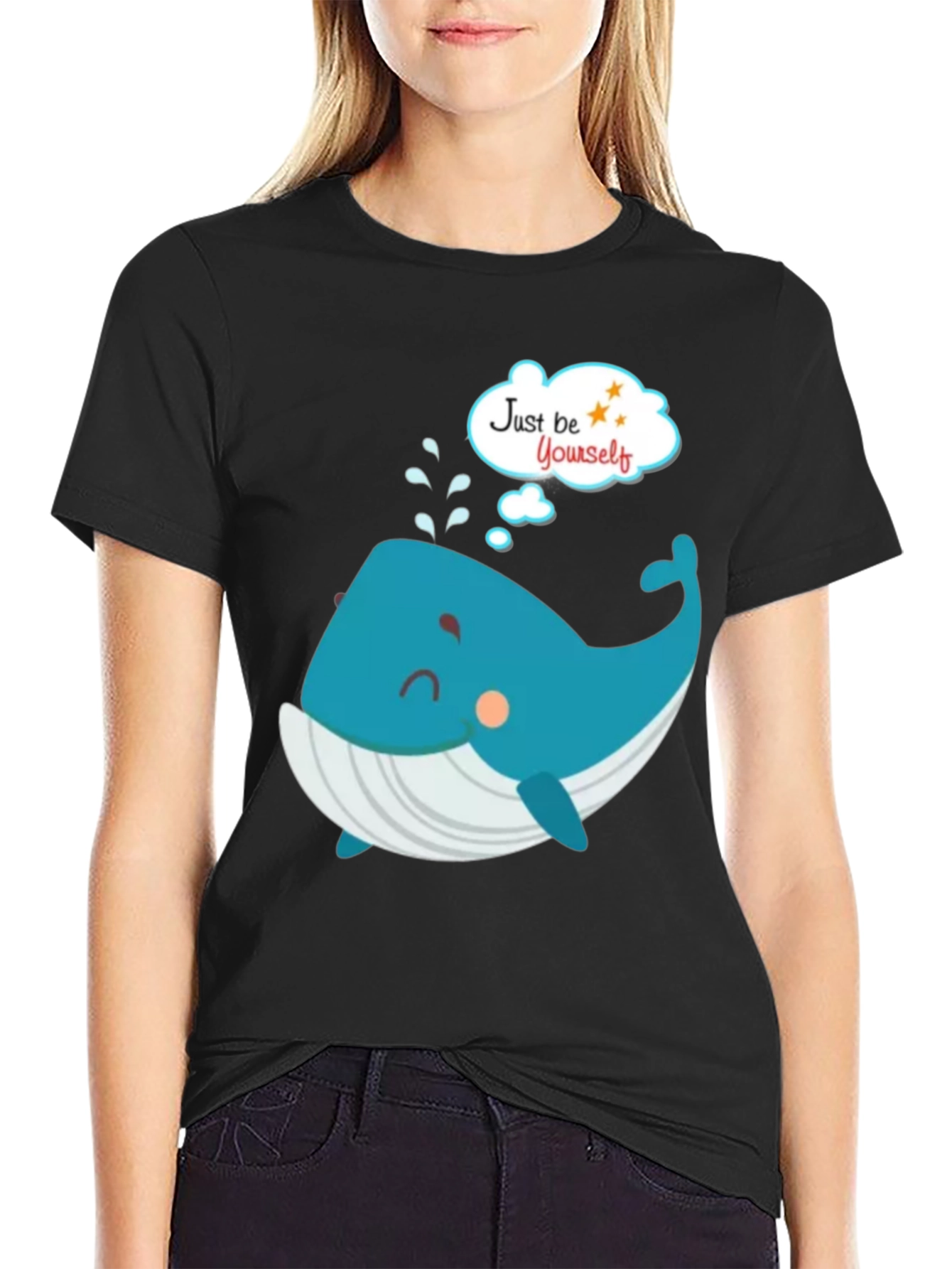 Black Cartoon Whale 'Just Be Yourself' Black Graphic T-Shirt view 2