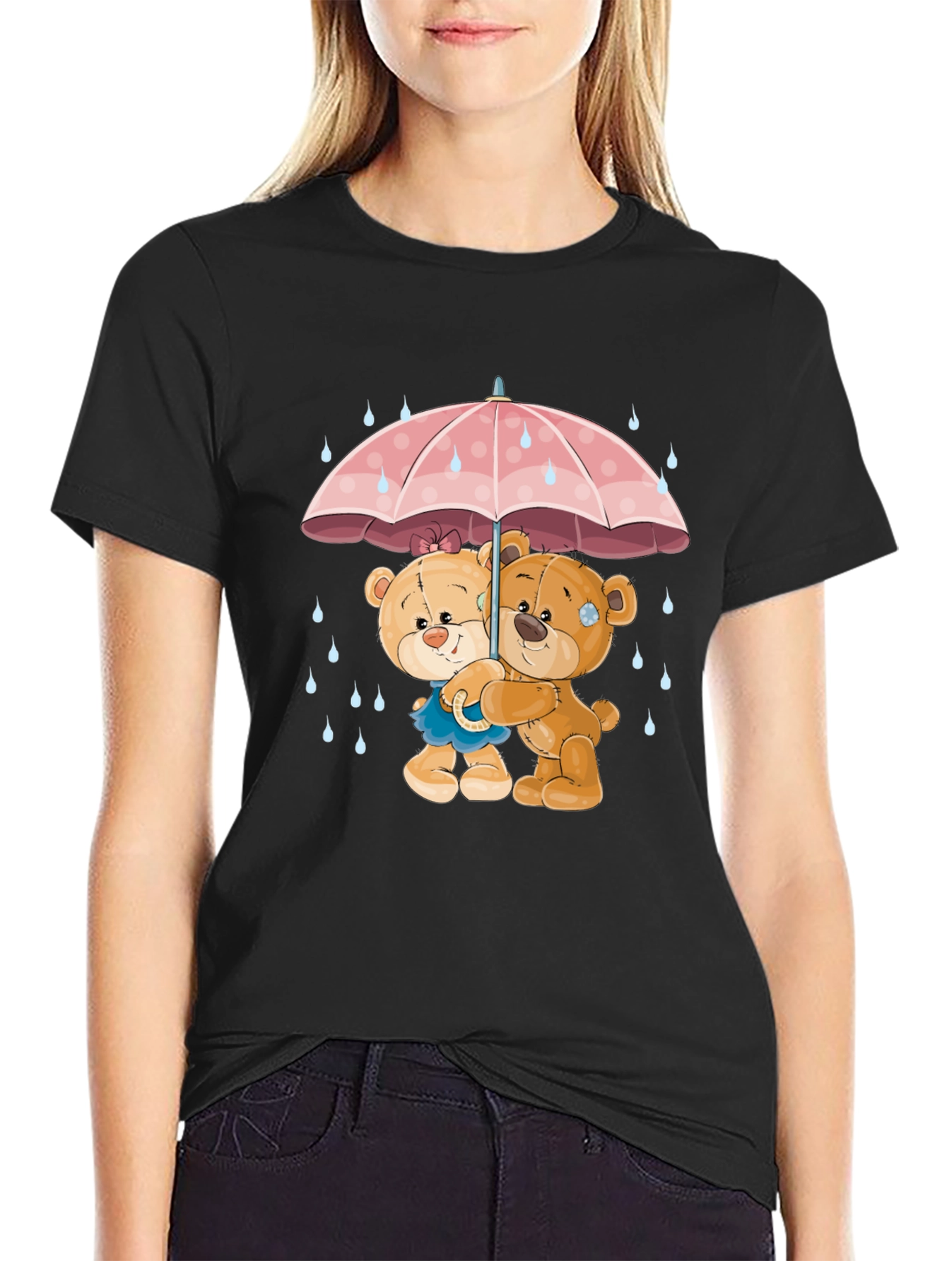 Black Cute Teddy Bears Under Umbrella Graphic T-Shirt view 2