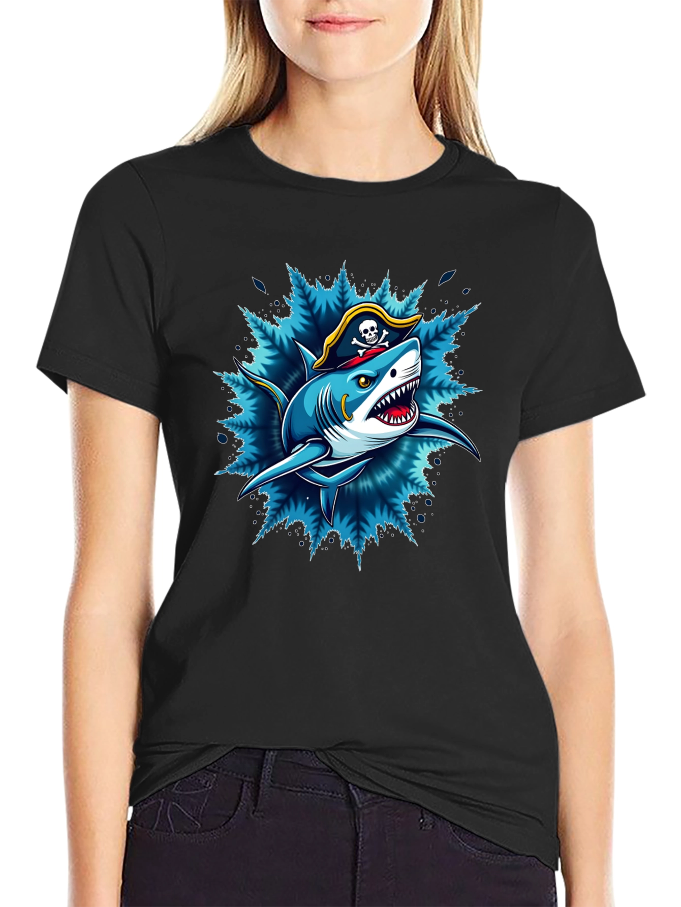 Black Pirate Shark Graphic Tee - Black Cotton T-Shirt view 2